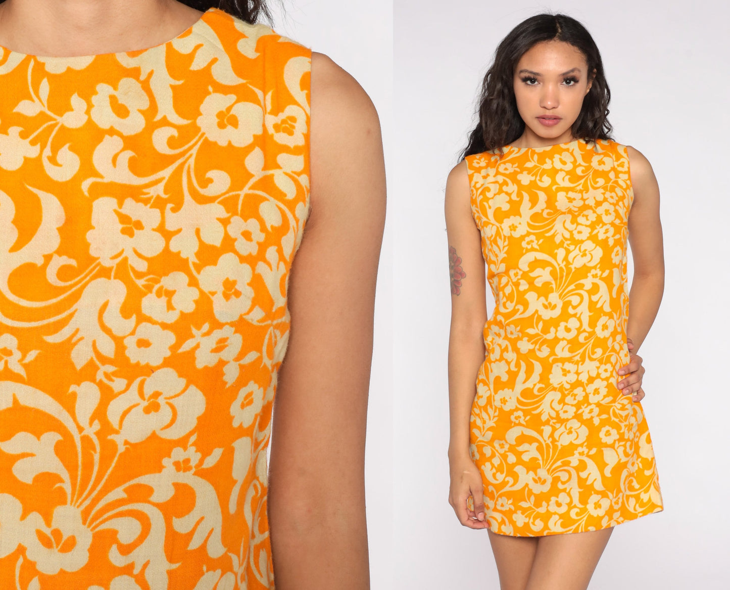 60s Orange Floral Shift Mini Dress Sleeveless Extra Small