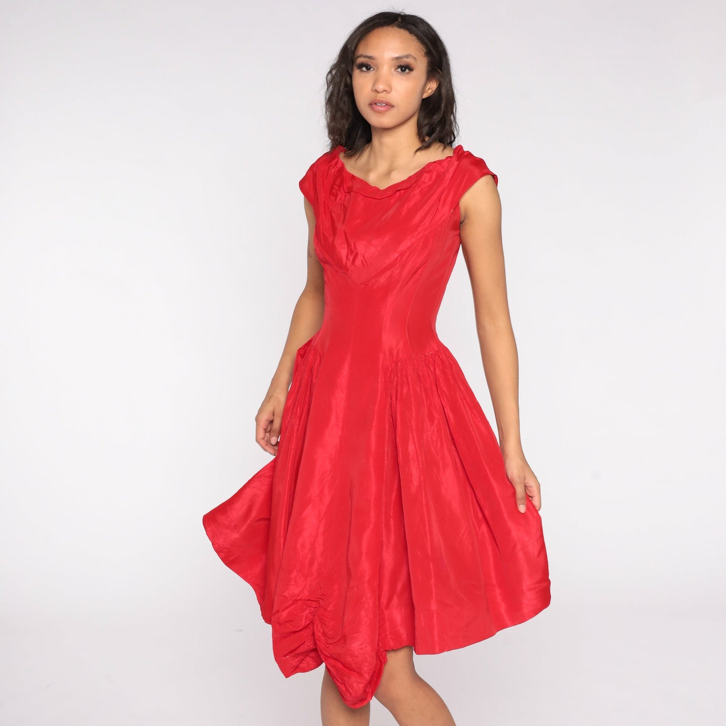 60s Red Cap Sleeve Party Dress Bow Back High Waist Mini Small
