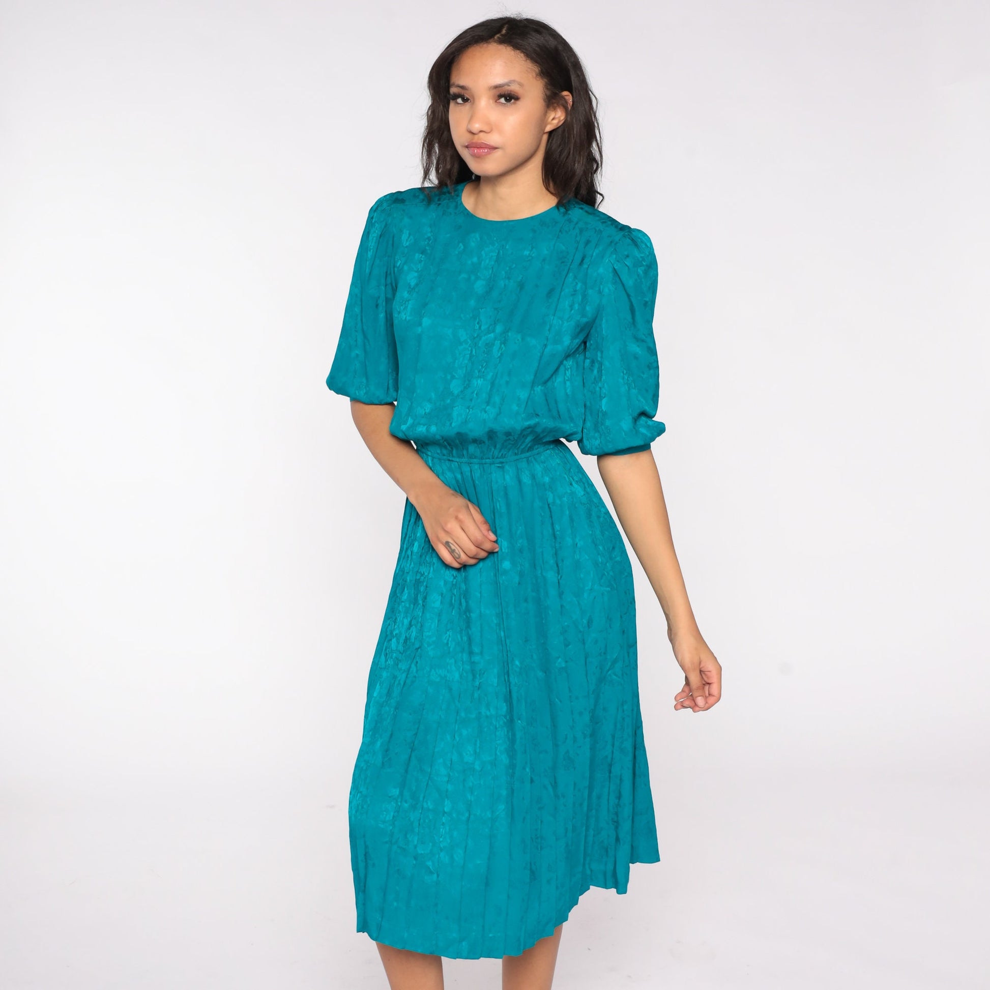 90s Teal Silk Midi Dress Puff Sleeve High Waist Pleated Floral Small