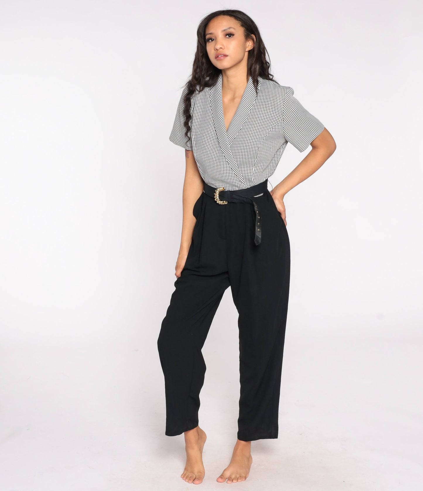 80s Black Checkered Jumpsuit High Waisted Collared V Neck Belted Pantsuit Large