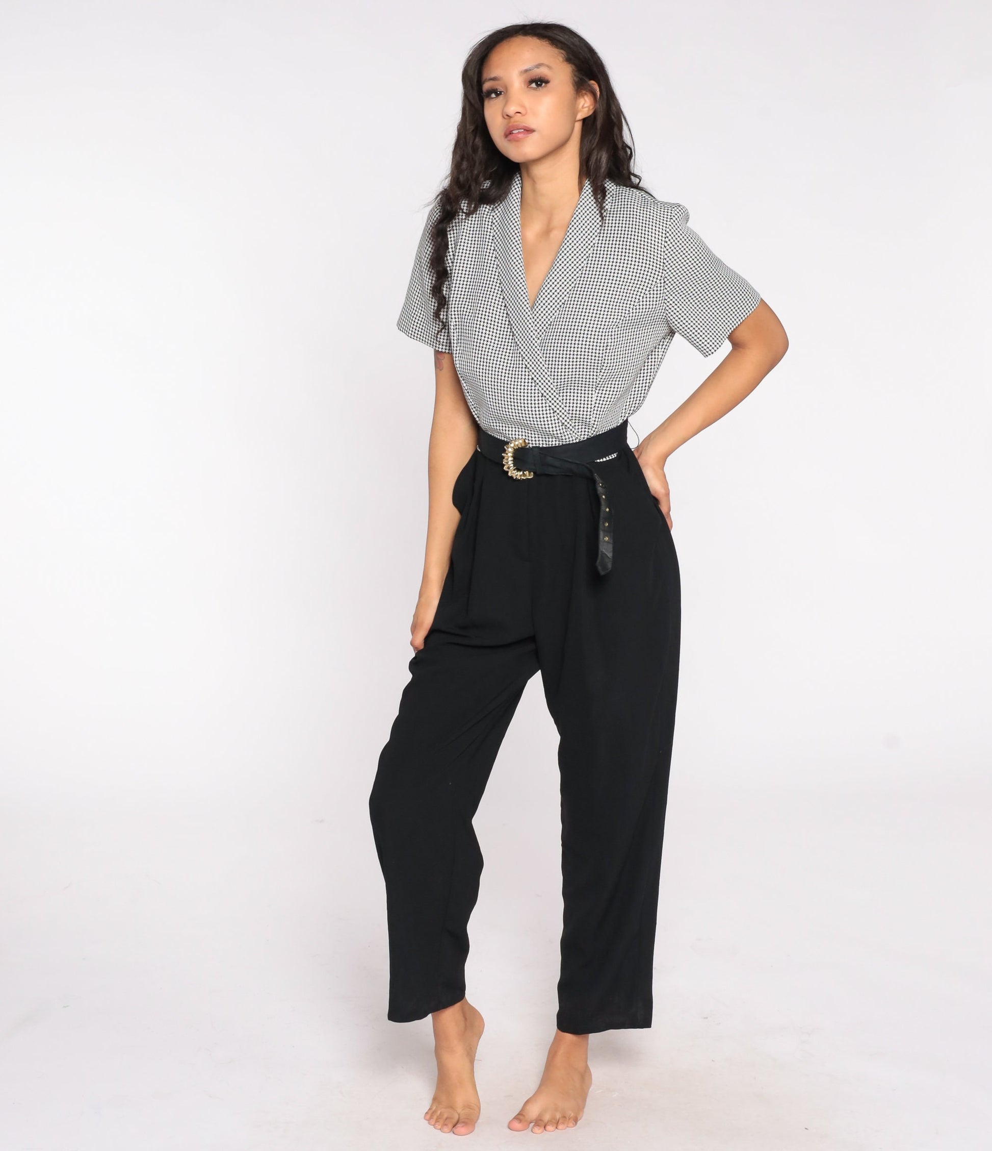 80s Black Checkered Jumpsuit High Waisted Collared V Neck Belted Pantsuit Large