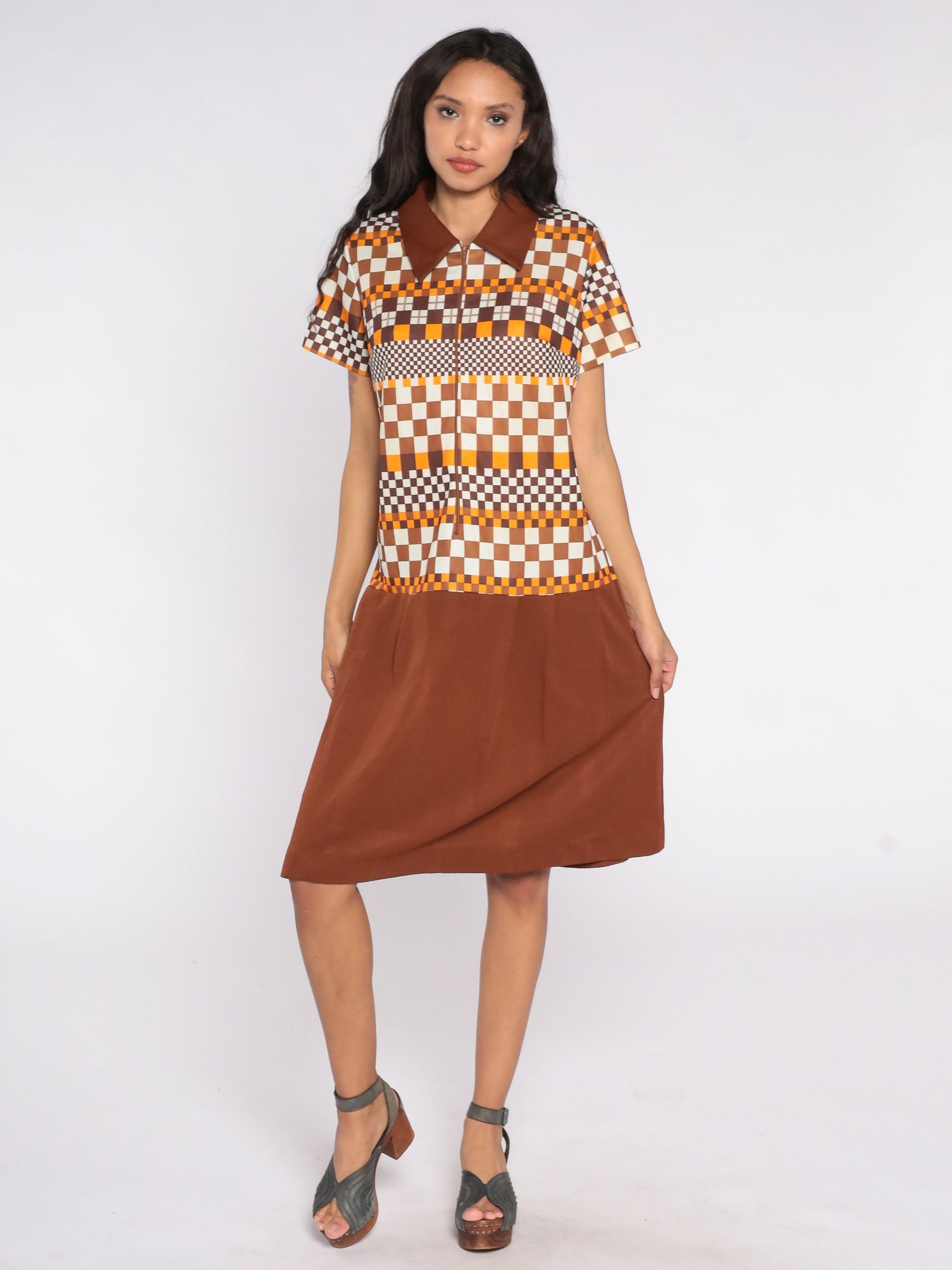 60s Mod Checkered Brown Drop Waist Minidress Short Sleeve Extra Large XL