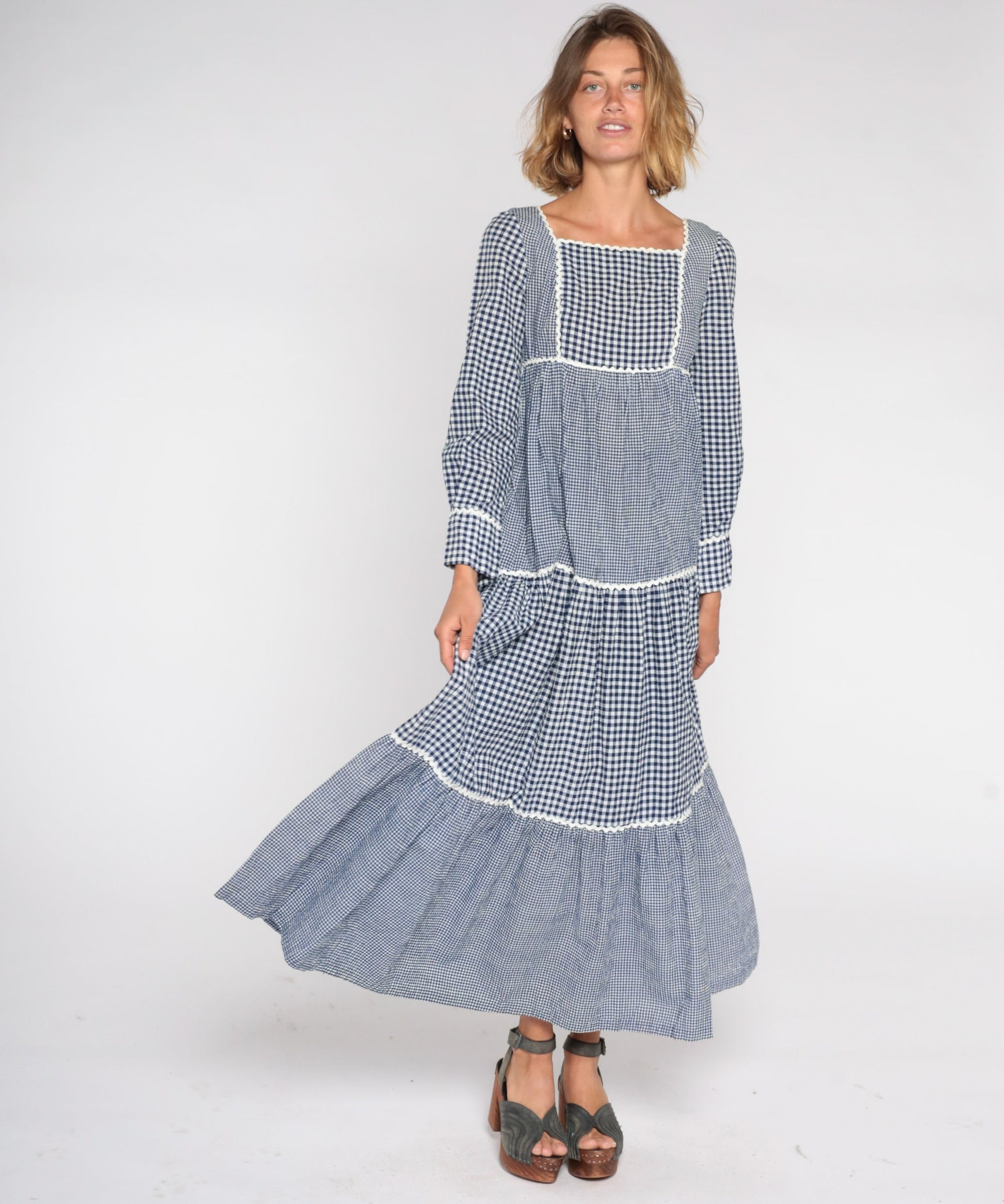 70s Sue Brett Blue Gingham Maxi Dress Empire Waist Puff Sleeve Small