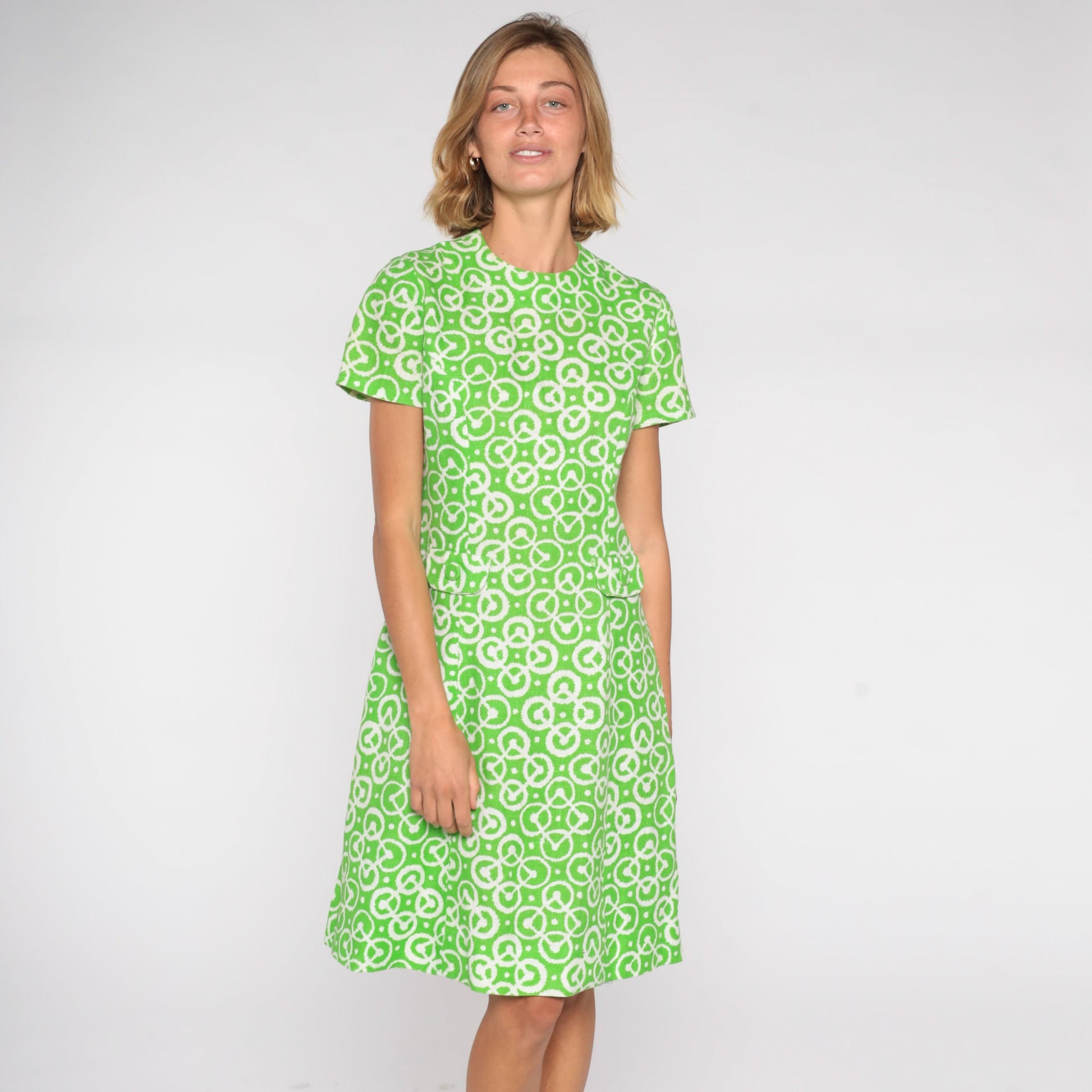 60s Green Geometric A-Line Shift Dress Short Sleeve Mini Pockets Small