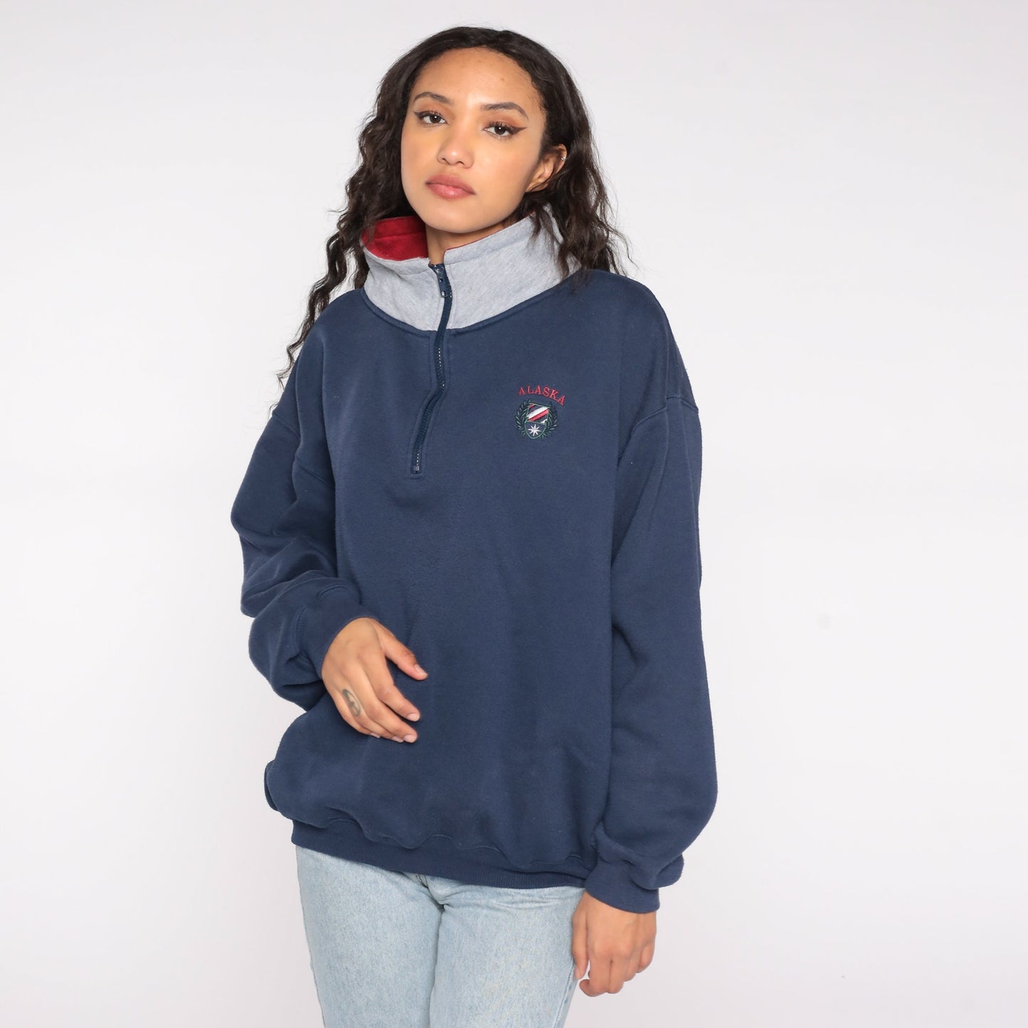 90s Alaska Quarter Zip Sweatshirt Navy Embroidered Logo Grey Collar Large
