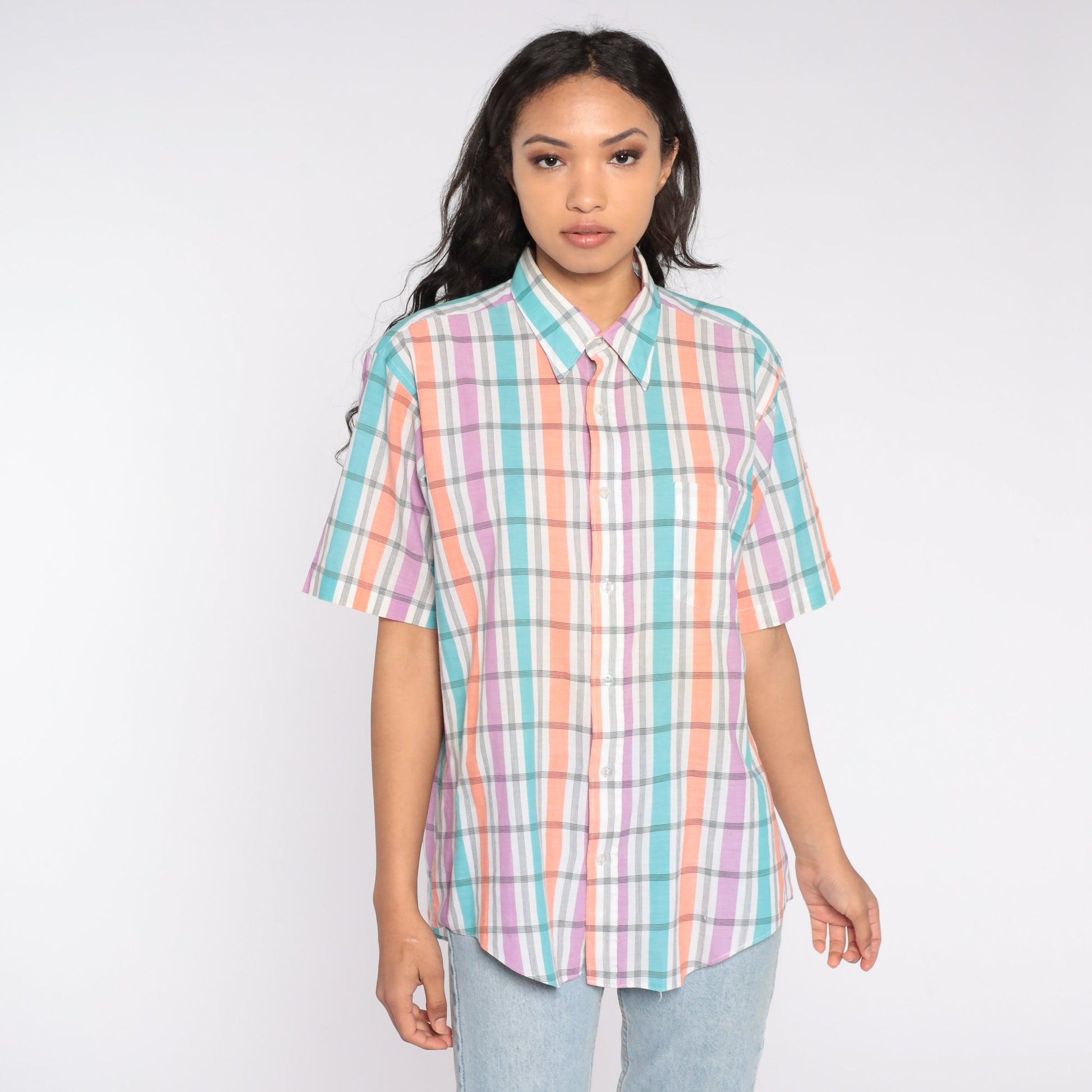 90s Plaid Button Up Shirt Short Sleeve Purple White Checkered Extra Large XL