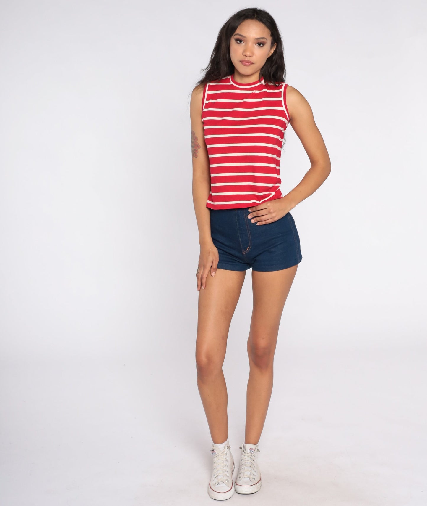 70s Red & White Striped Tank Top Knit Sleeveless Shirt Small S