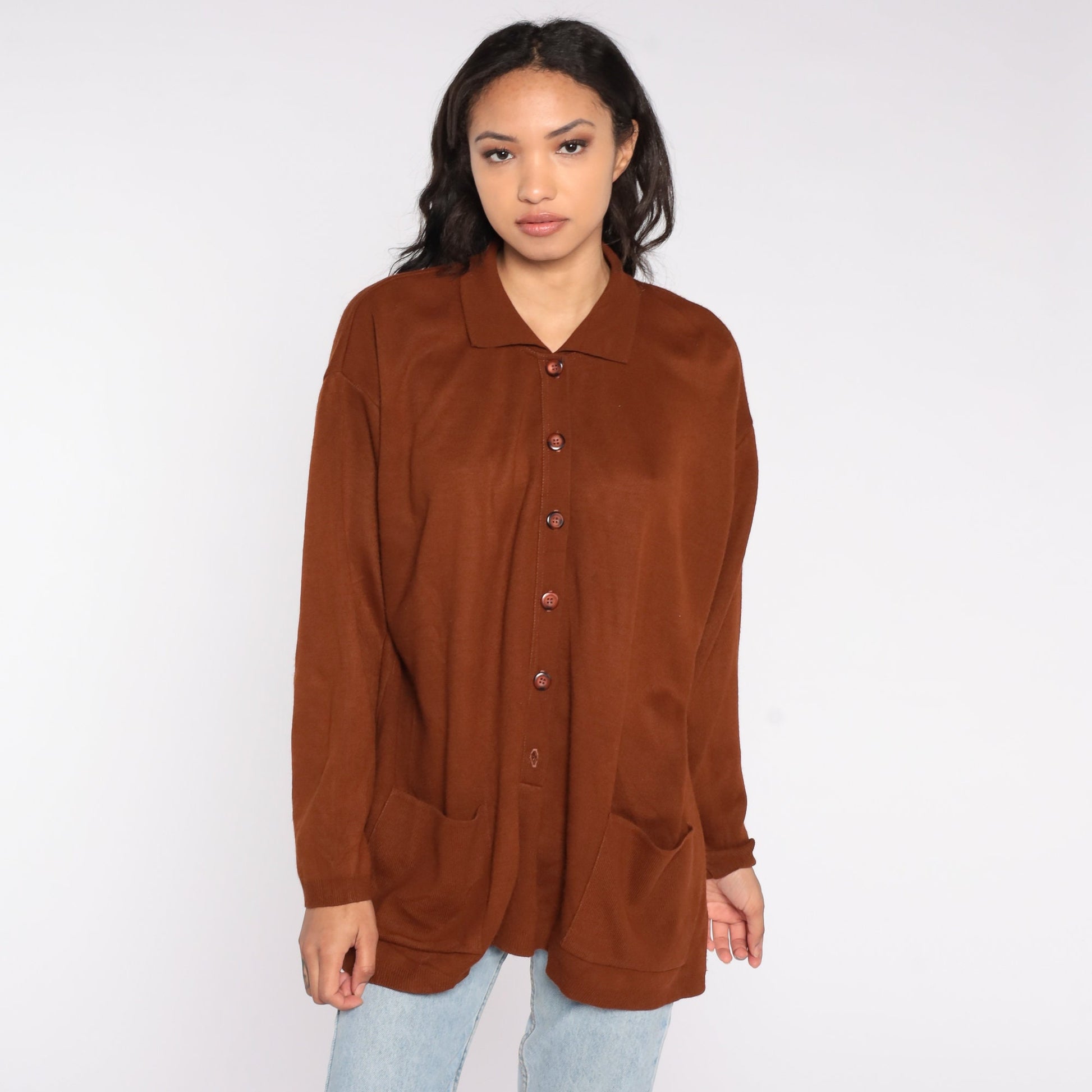 90s Brown Collared Cardigan Acrylic Knit Button-Up Extra Large XXL