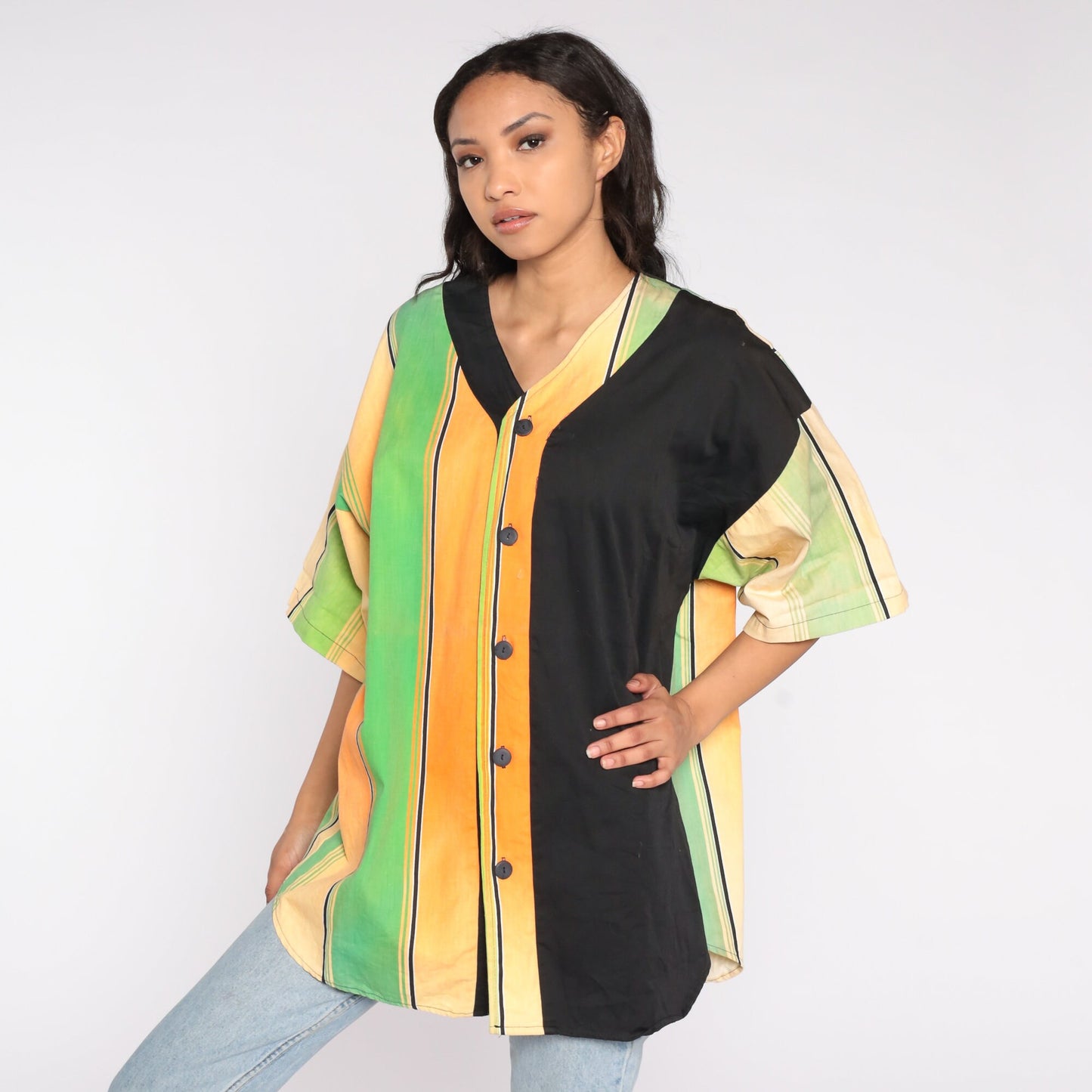 90s Neon Green Orange Striped Baseball Jersey Cotton Button Up Large