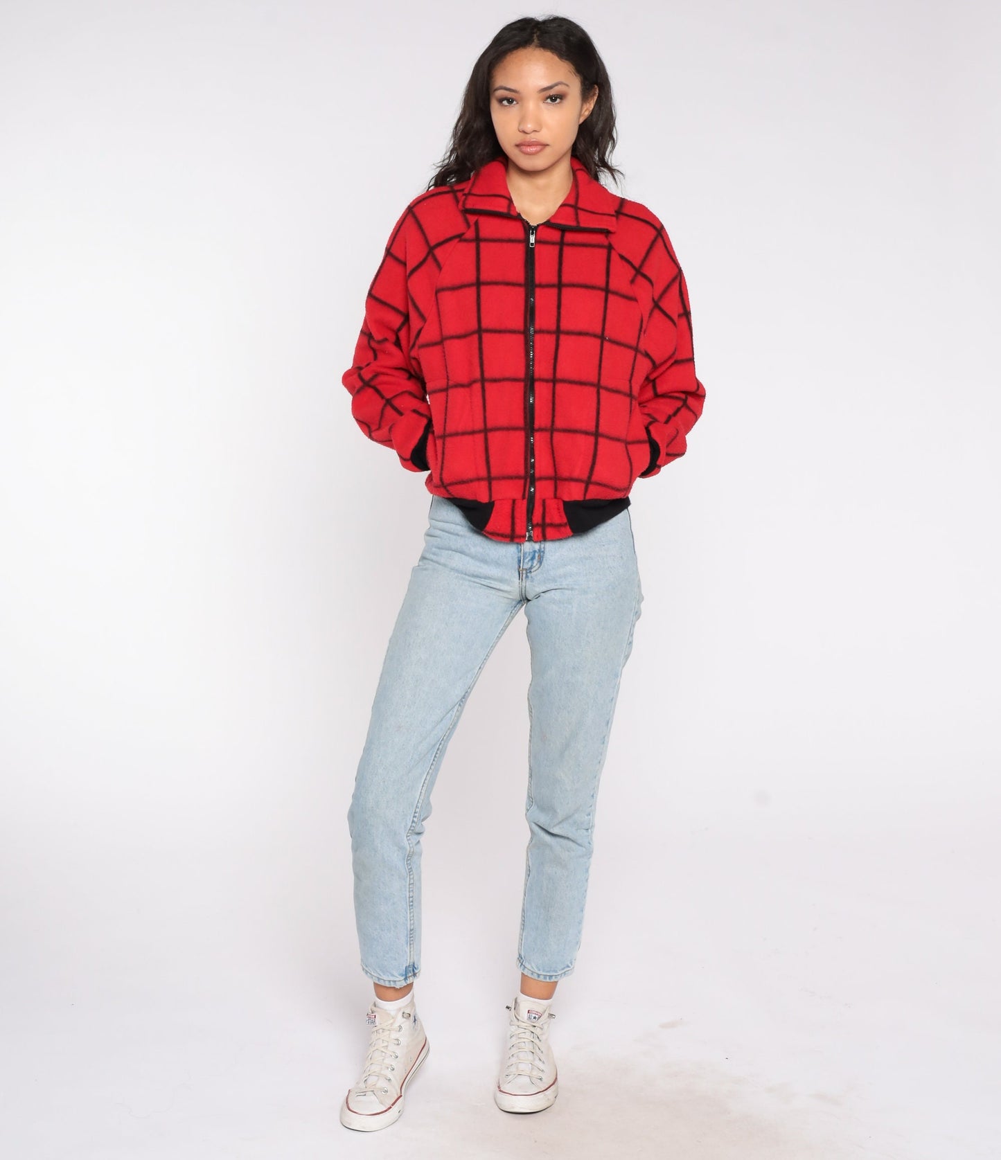 80s Red Plaid Polar Fleece Zip-Up Jacket Checkered Small
