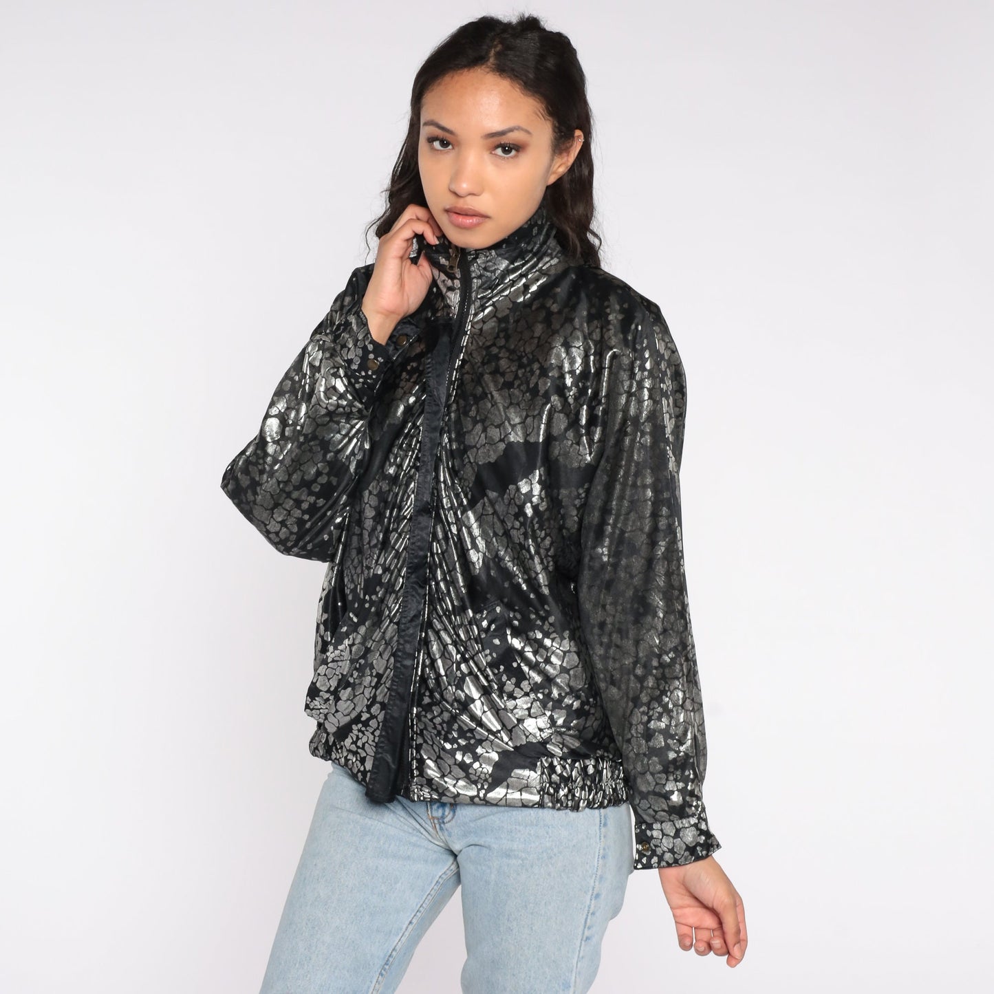 90s Reversible Windbreaker Black Metallic Silver Abstract Zip Bomber Large L