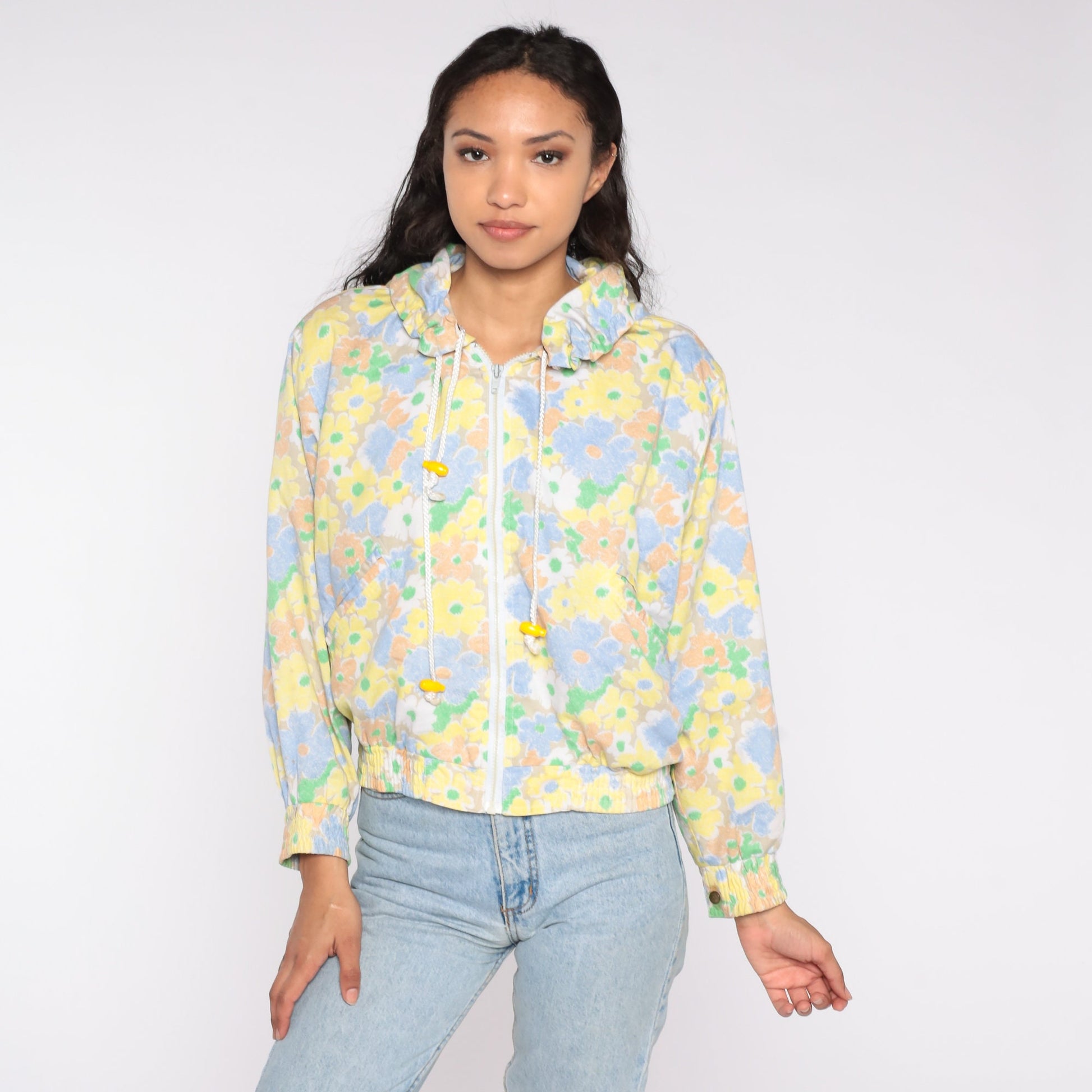 80s Floral Hooded Windbreaker Pastel Zip-Up Jacket Medium