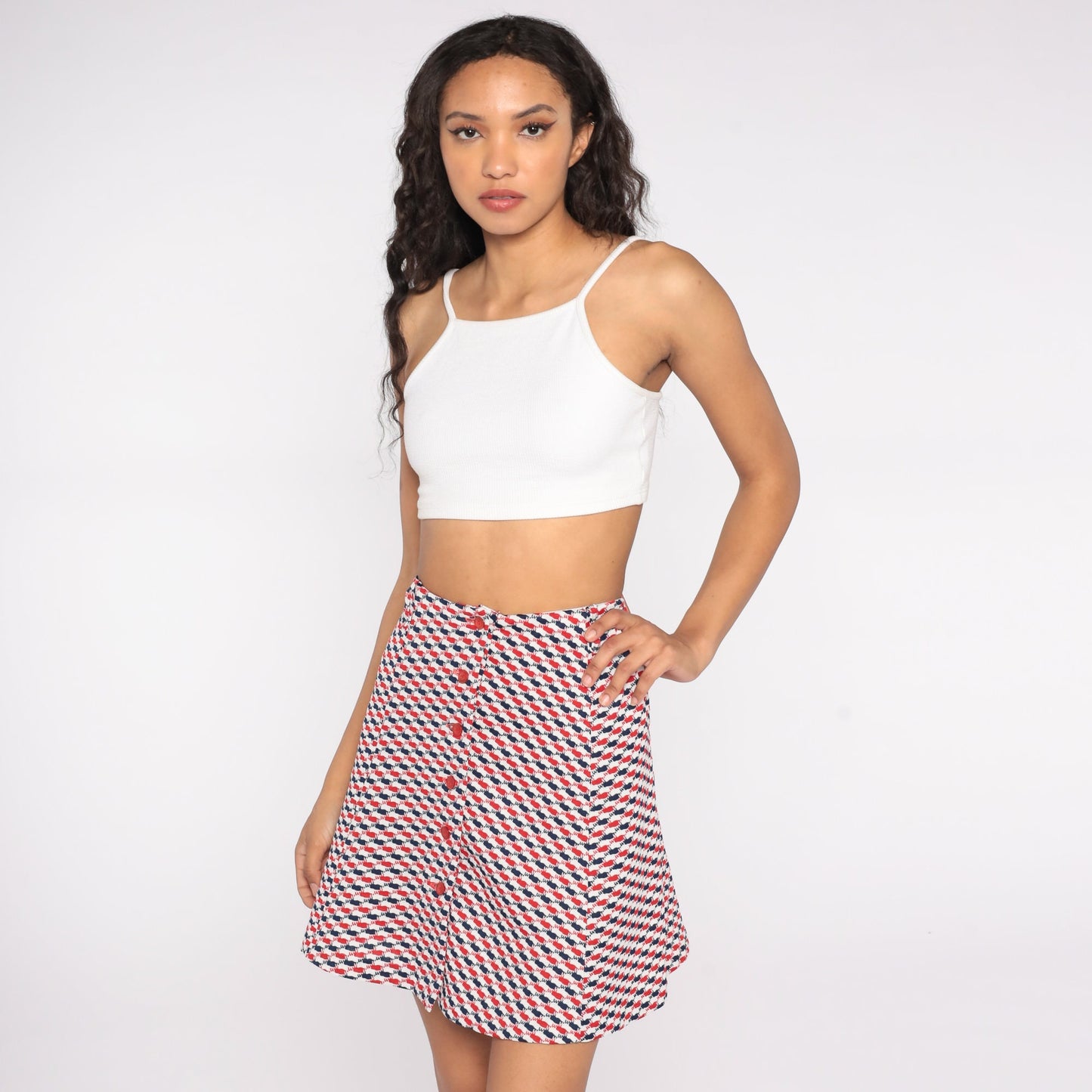 70s Plaid Mini Skirt Red White Blue High Waisted Button Front Checkered Extra Small
