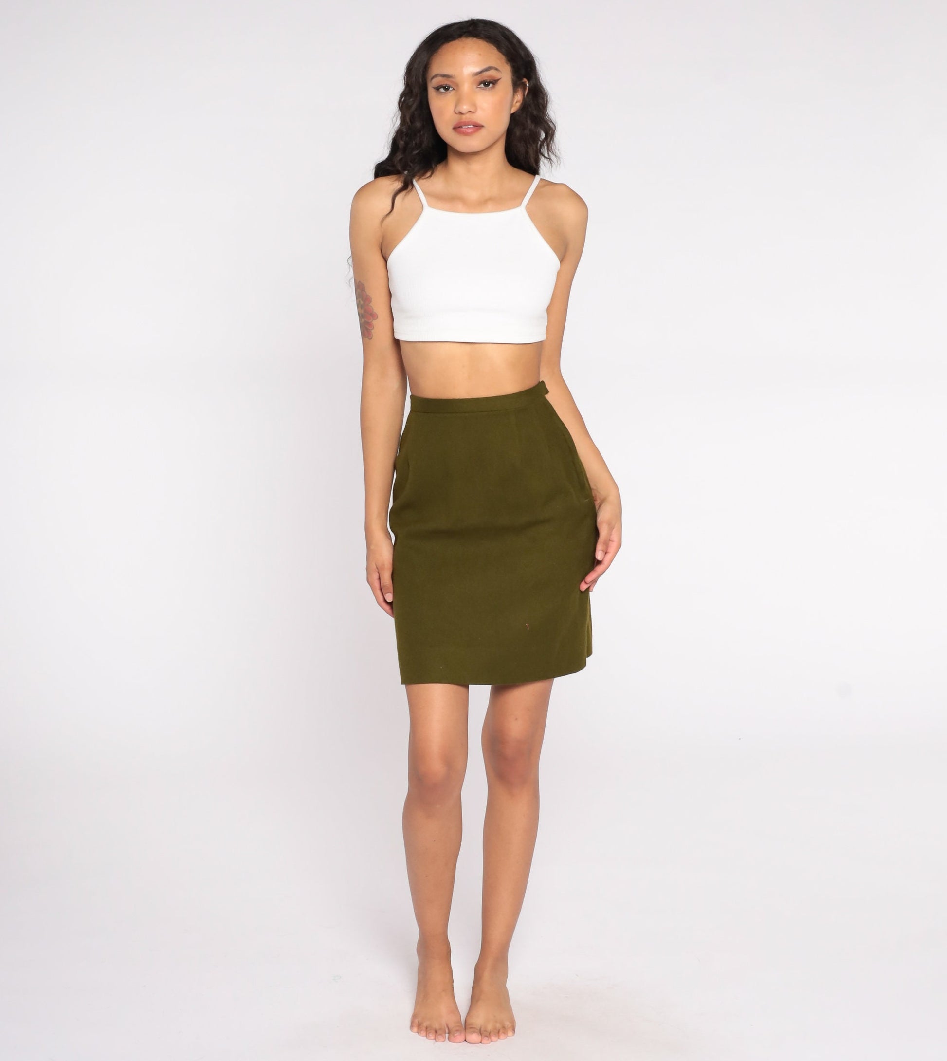 1970s Olive Pencil Skirt High Waist Wool Knit XS Extra Small