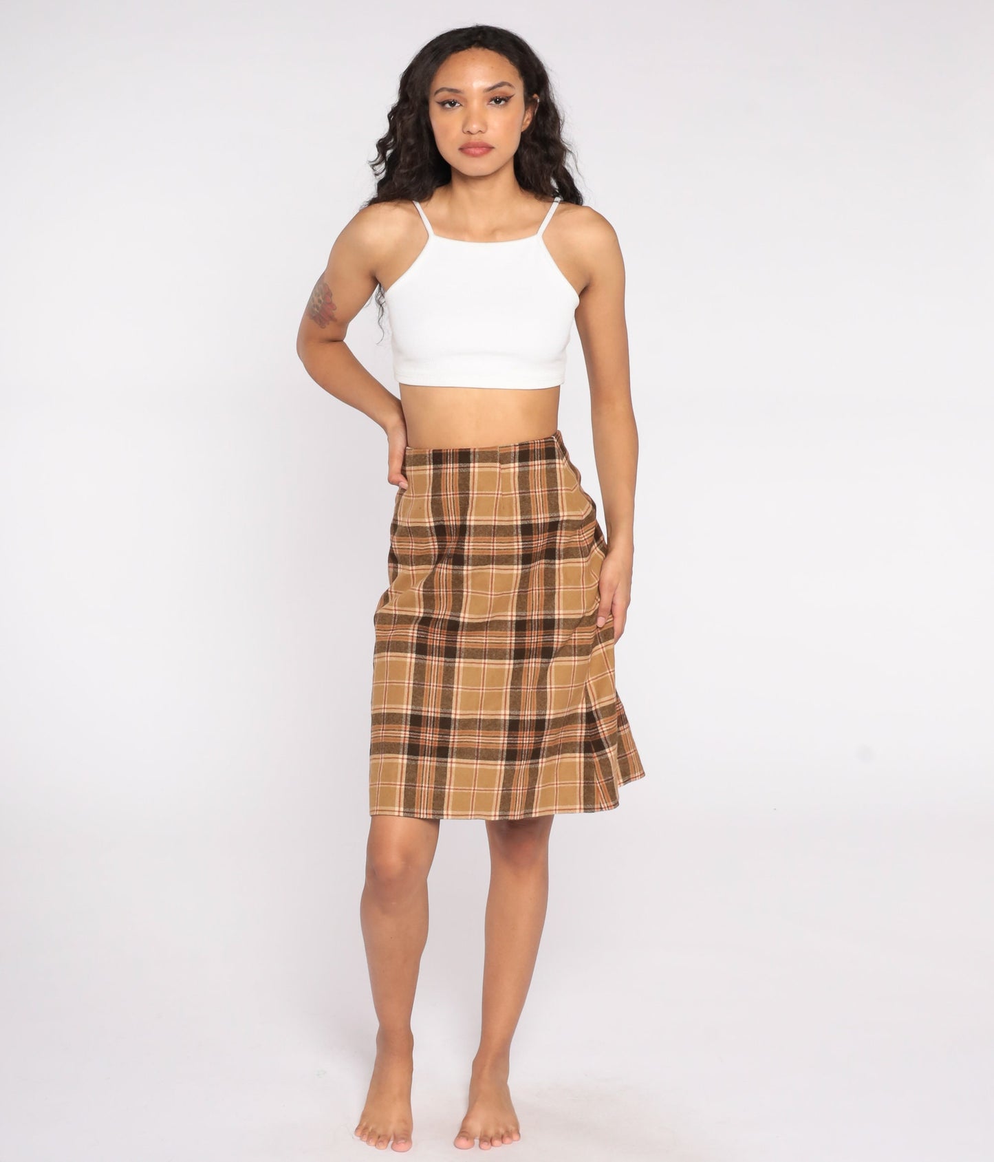 70s Brown Plaid High-Waist Pencil Skirt Wool Extra Small XS