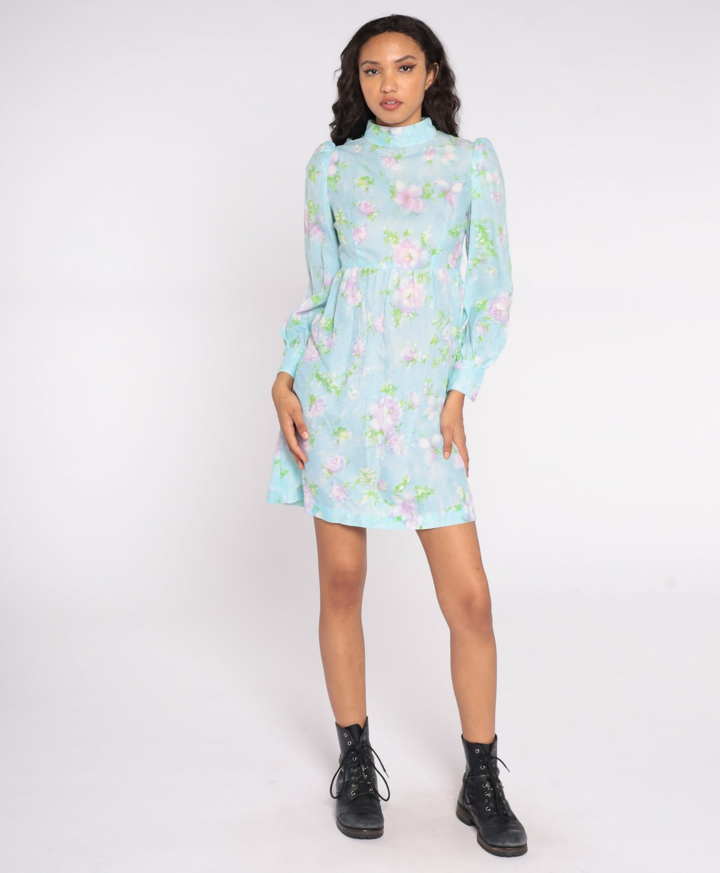 60s Floral Babydoll Dress Baby Blue Mock Neck Puff Sleeve Mini Small S