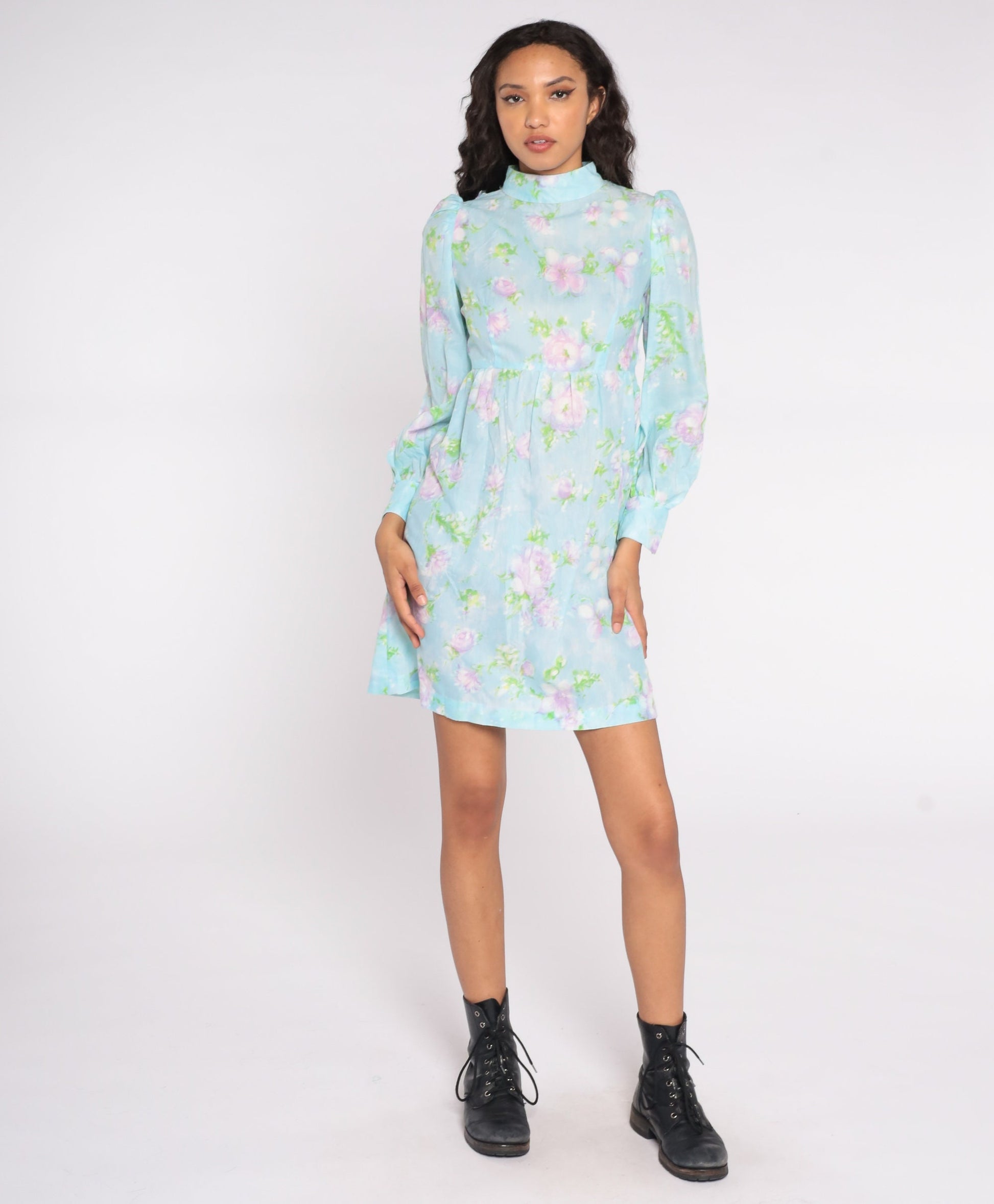 60s Floral Babydoll Dress Baby Blue Mock Neck Puff Sleeve Mini Small S