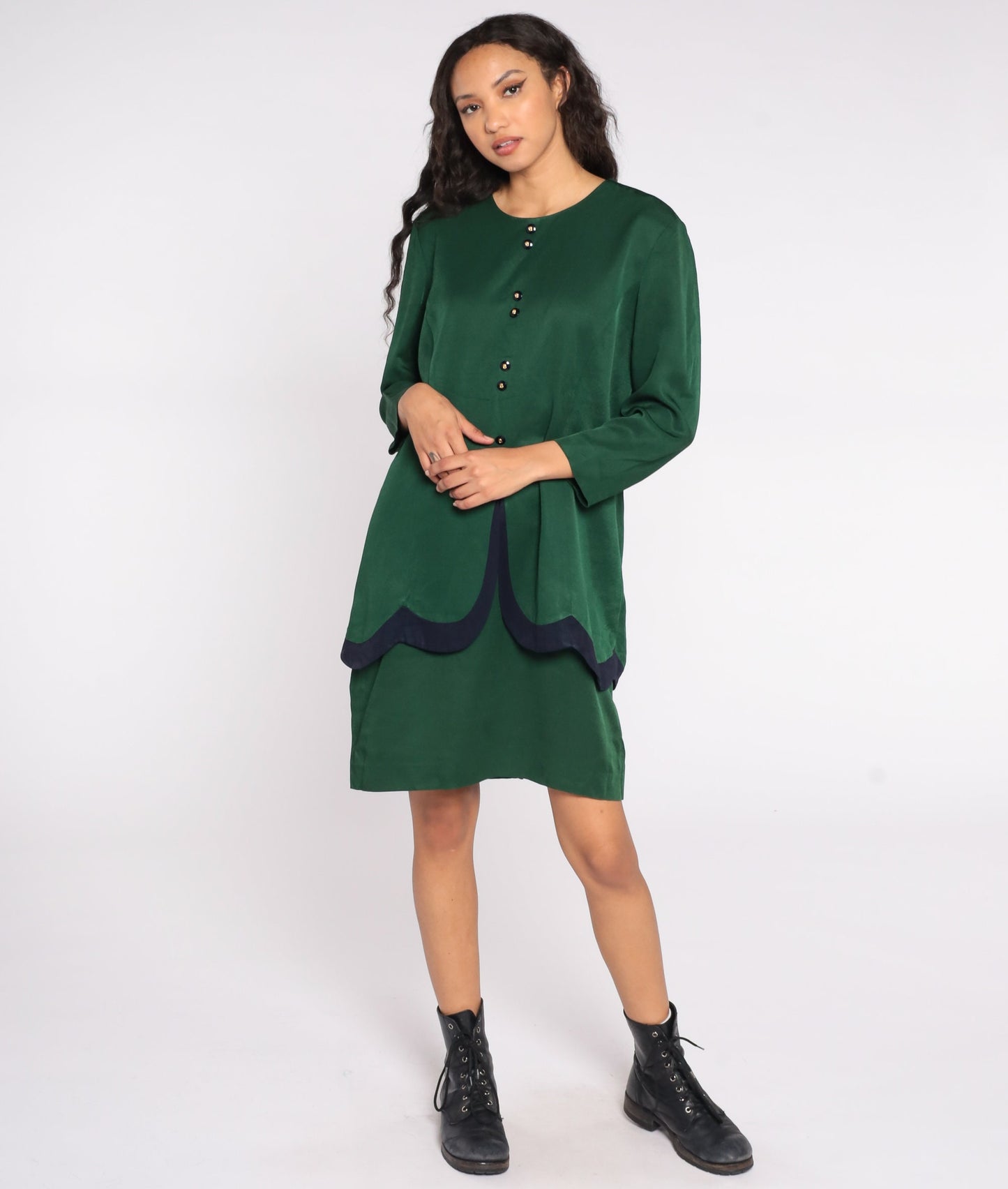 80s Green Midi Shirt Dress Button-Up Long Sleeve Peplum Navy Detail Extra Large XL