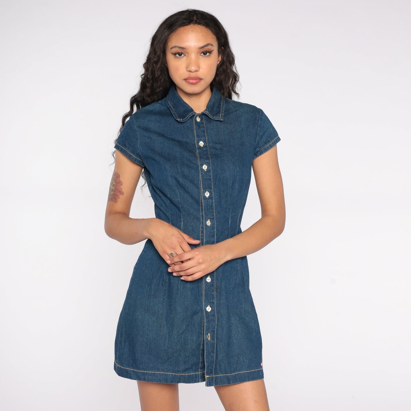 90s Bongo Denim Mini Dress Dark Blue Button-Up Collar Short Sleeve Extra Small XS
