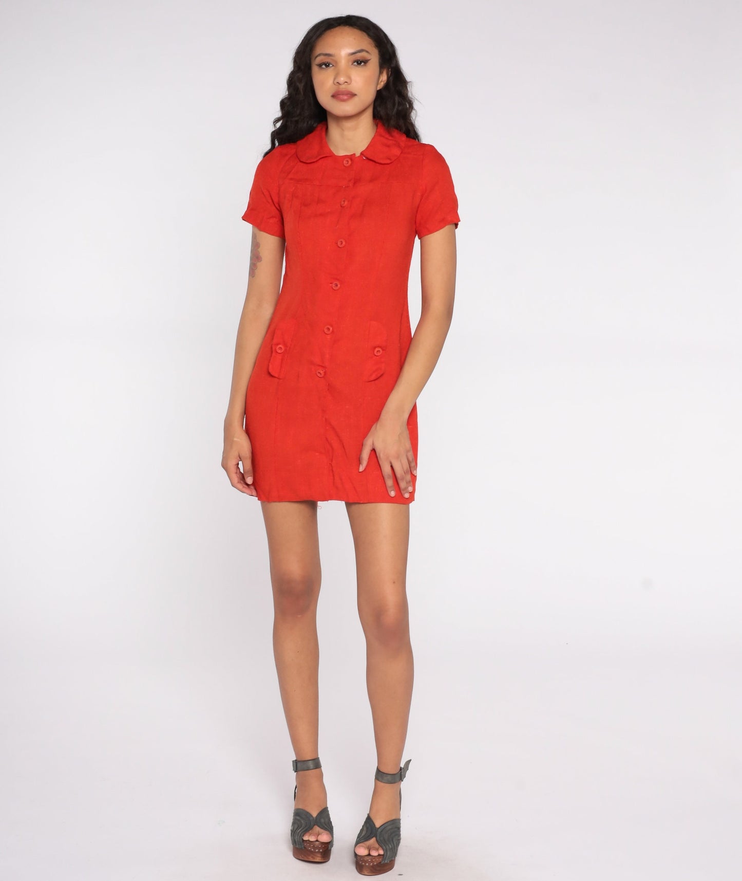 60s Red Mini Dress Peter Pan Collar High Waisted Button Front Small