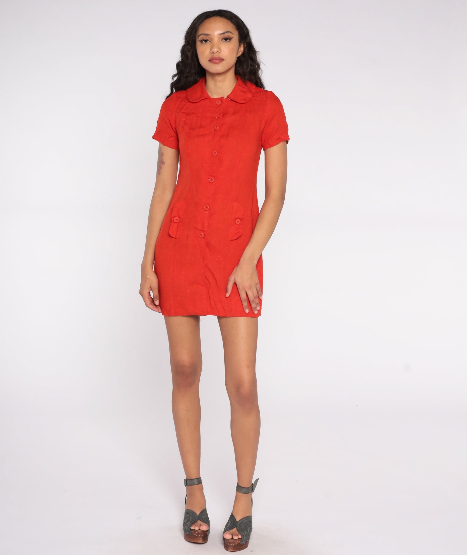 60s Red Mini Dress Peter Pan Collar High Waisted Button Front Small