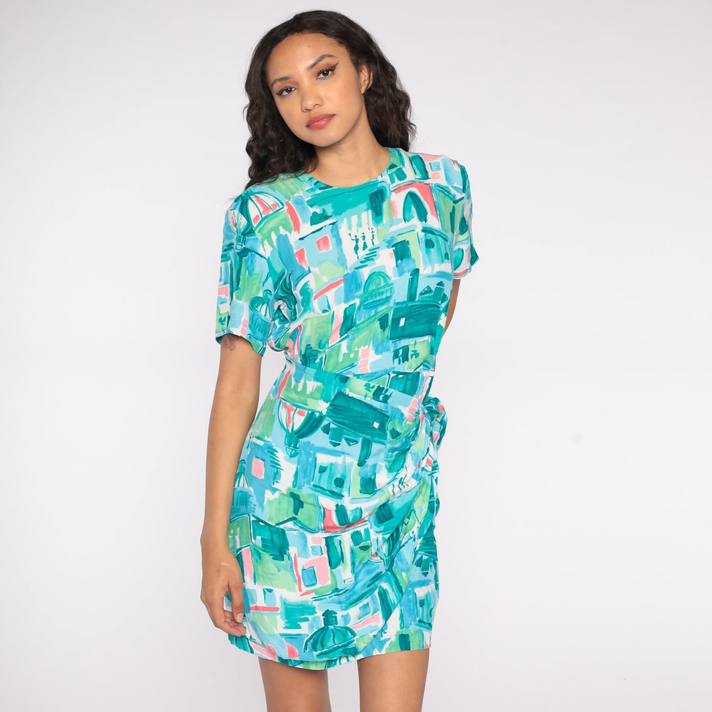 80s Blue City Print Wrap Dress Mini Short Sleeve Medium