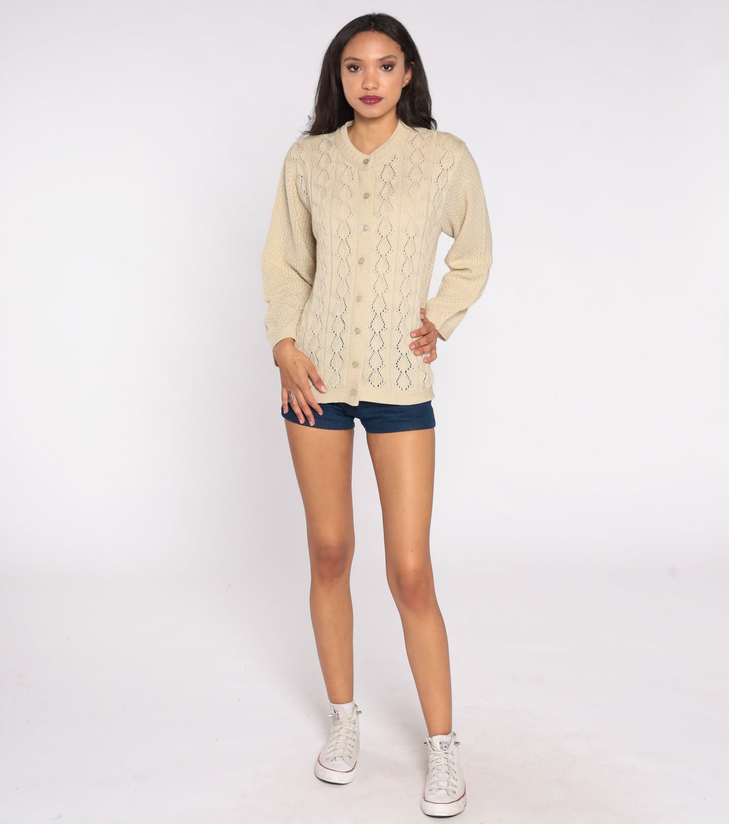 70s Beige Cardigan Sweater Pointelle Open Weave Button Up Knitwear Small
