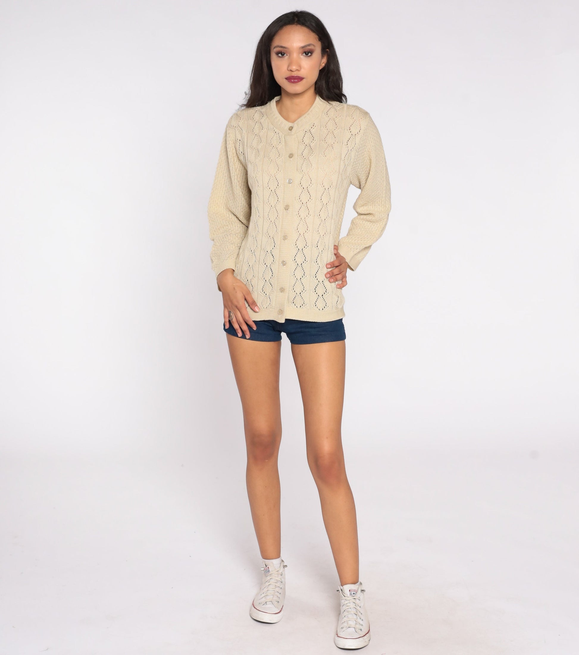 70s Beige Cardigan Sweater Pointelle Open Weave Button Up Knitwear Small