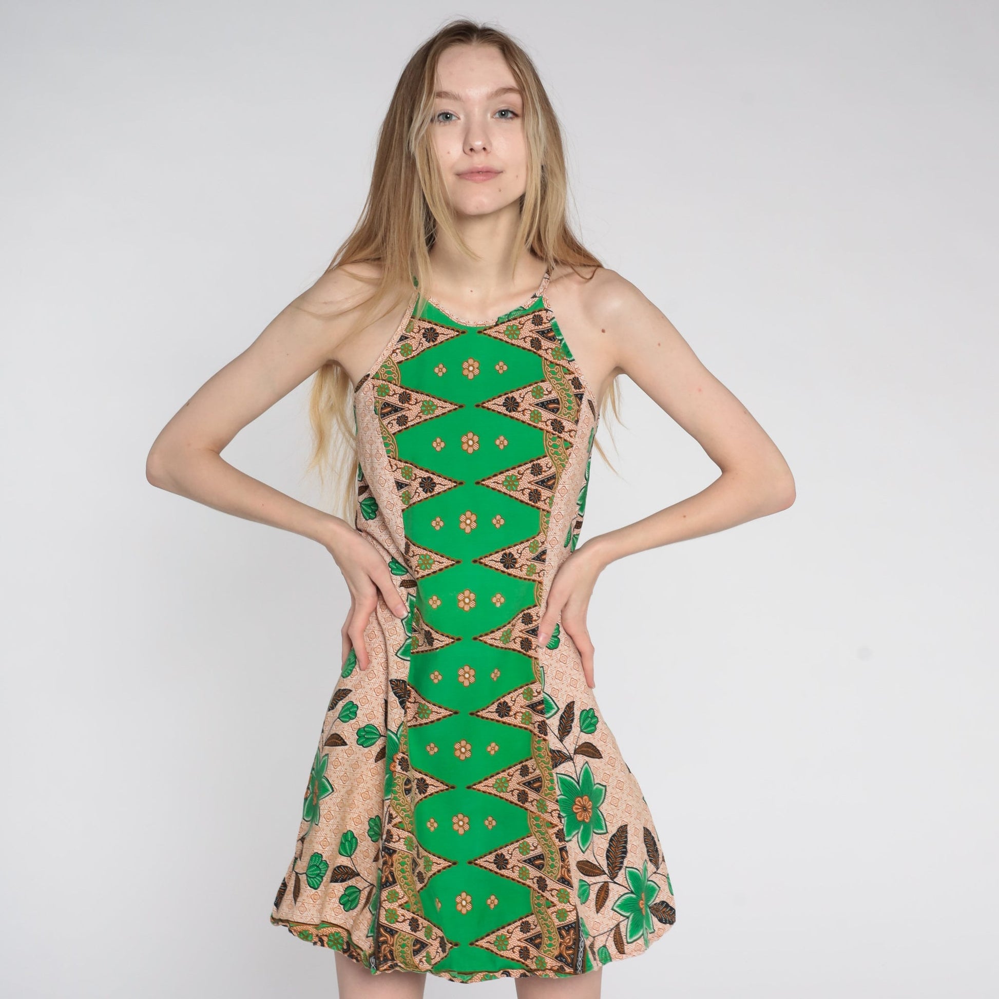 90s Batik Floral Mini Sundress Orange Sleeveless Shift Extra Small
