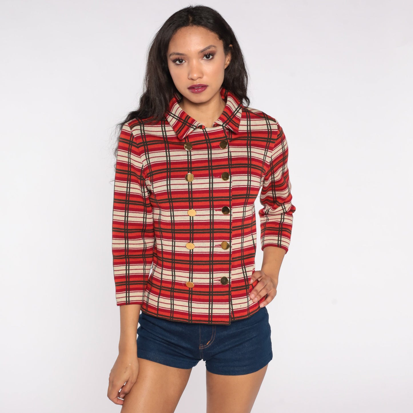 60s Plaid Wool Jacket Cropped Double Breasted Orange Red Mod Small