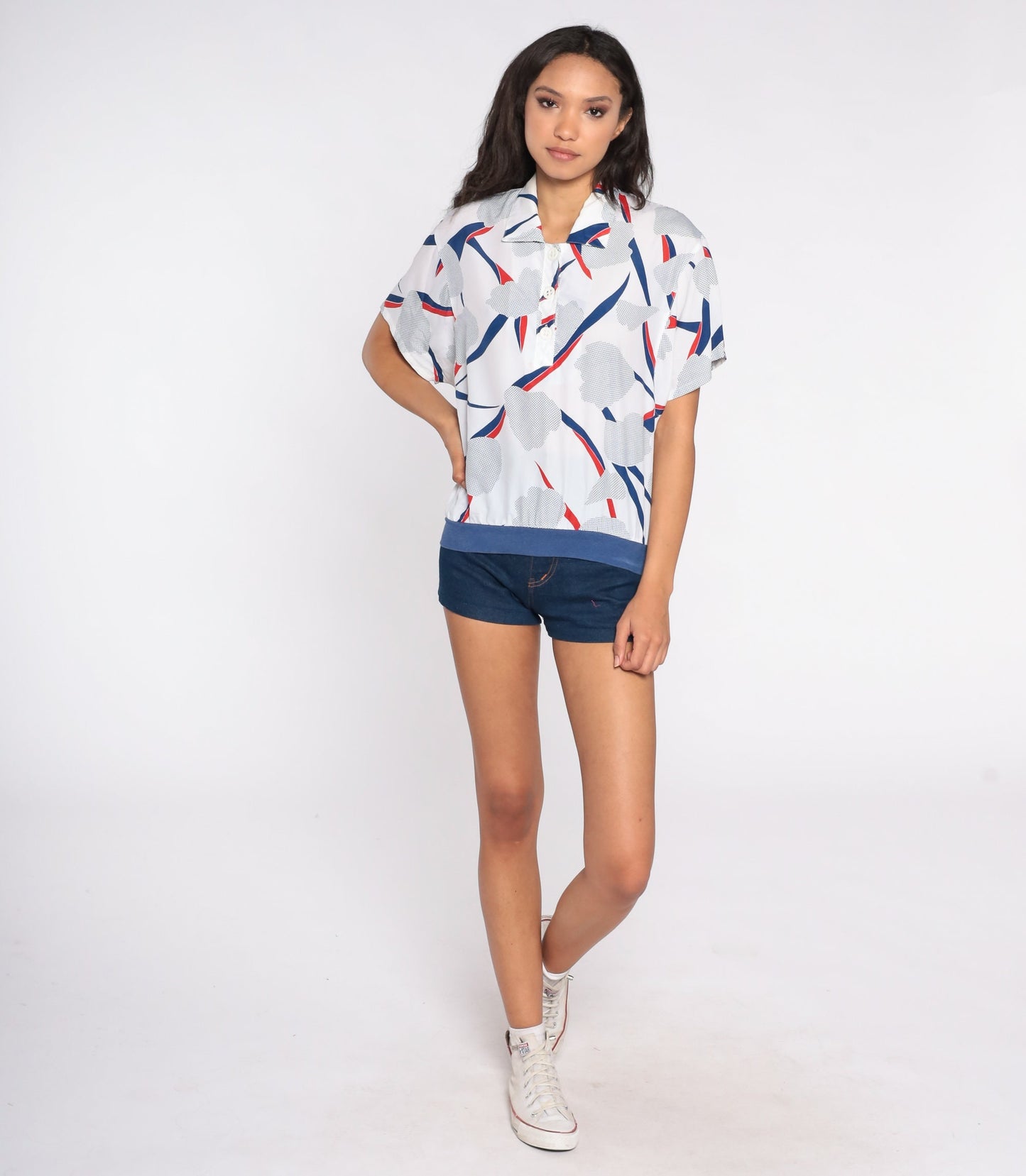 80s Abstract Floral Polo Shirt White Blue Button Up Short Sleeve Small