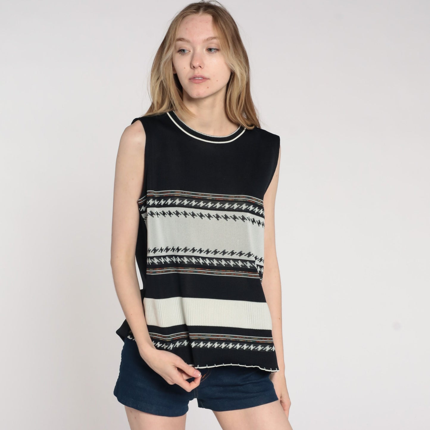 70s Black Off-White Striped Tank Top Sleeveless Blouse Large L