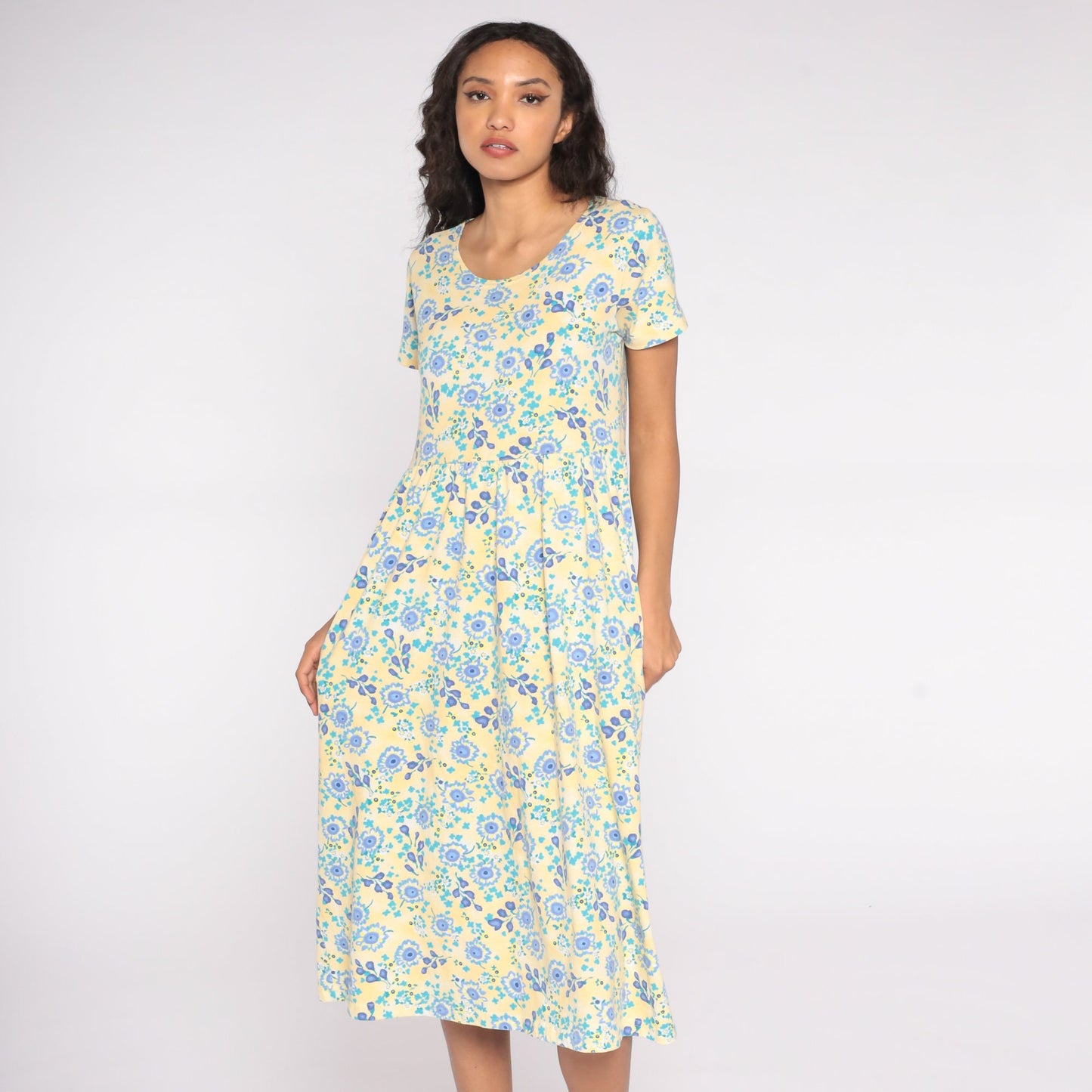 80s Yellow Blue Floral Midi Dress Cotton Short Sleeve High Waist Small S
