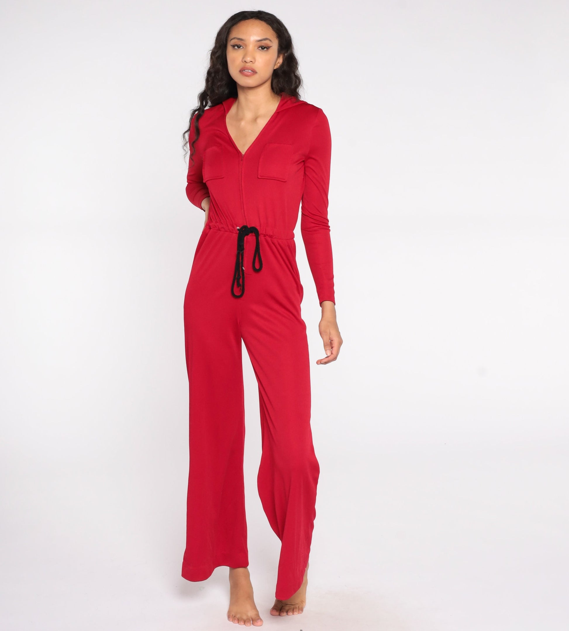 70s Red Hooded Jumpsuit Wide Leg Bell Bottom Zip Front Small
