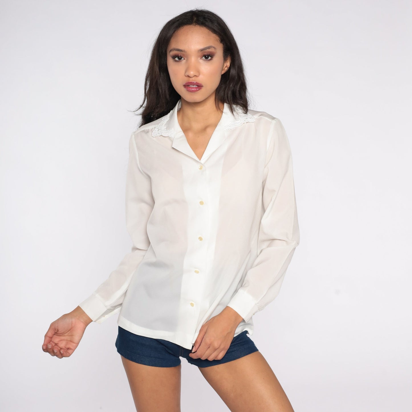 80s Semi-Sheer White Button-Up Blouse Lace Collar Long Sleeve Medium