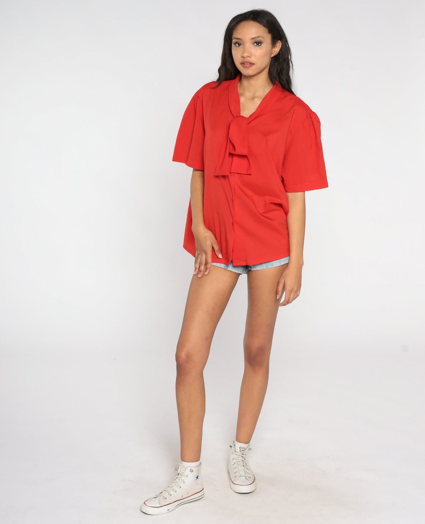 80s Red Ascot Bow Blouse Button-Up Secretary Shirt Puff Sleeve Extra Extra Large XXL