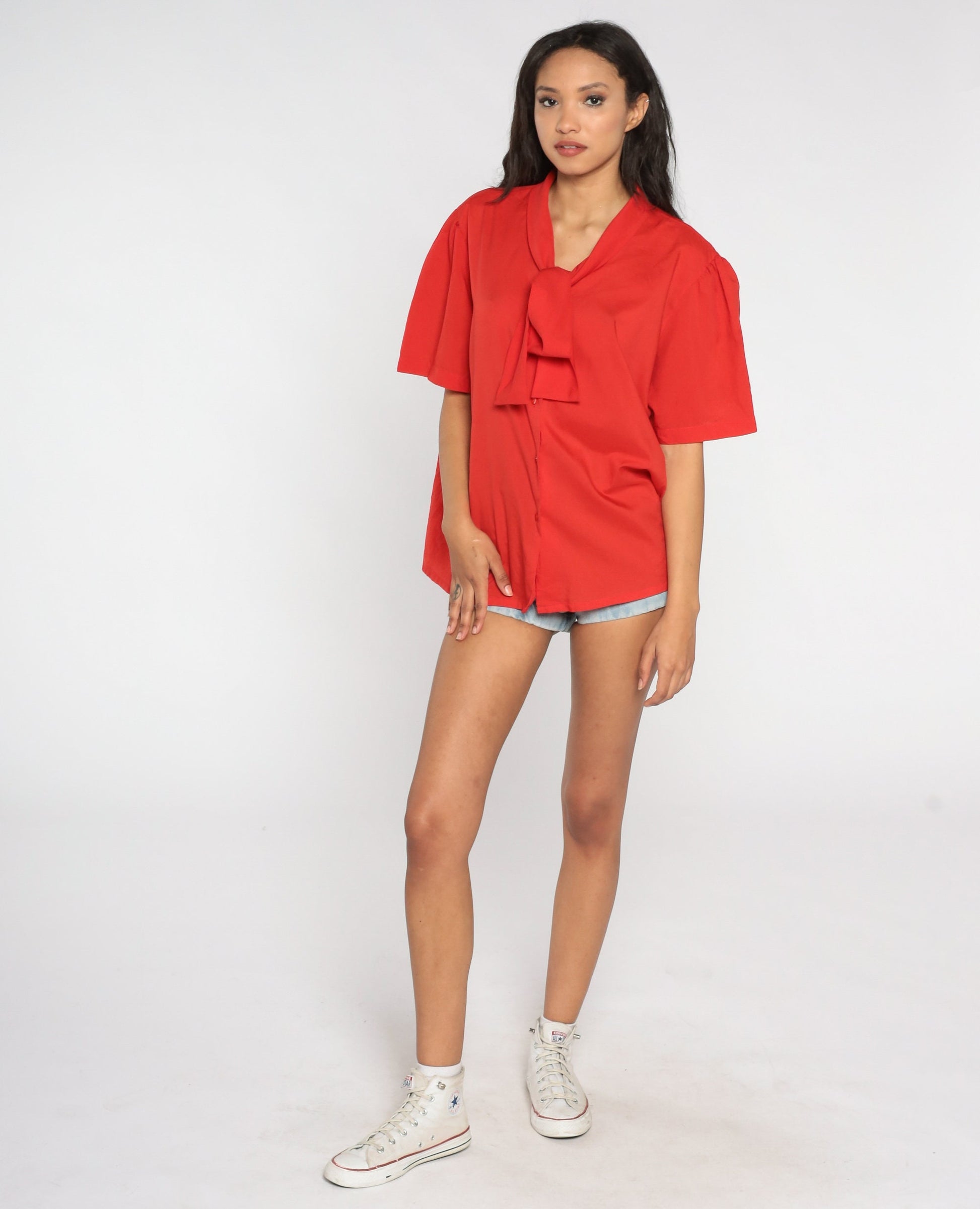 80s Red Ascot Bow Blouse Button-Up Secretary Shirt Puff Sleeve Extra Extra Large XXL