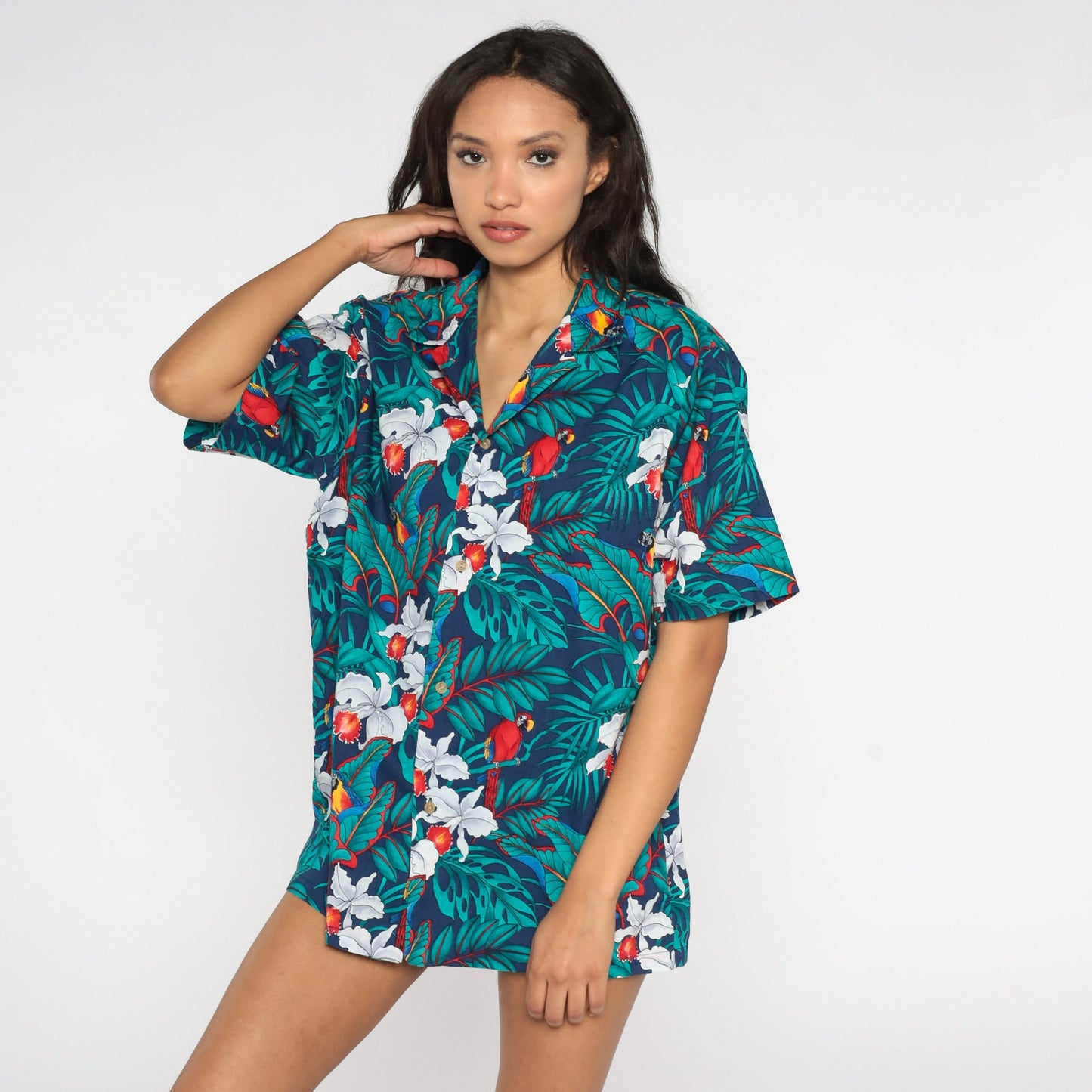 80s Hawaiian Shirt Blue Tropical Floral Parrot Print Cotton Button-Up Large L