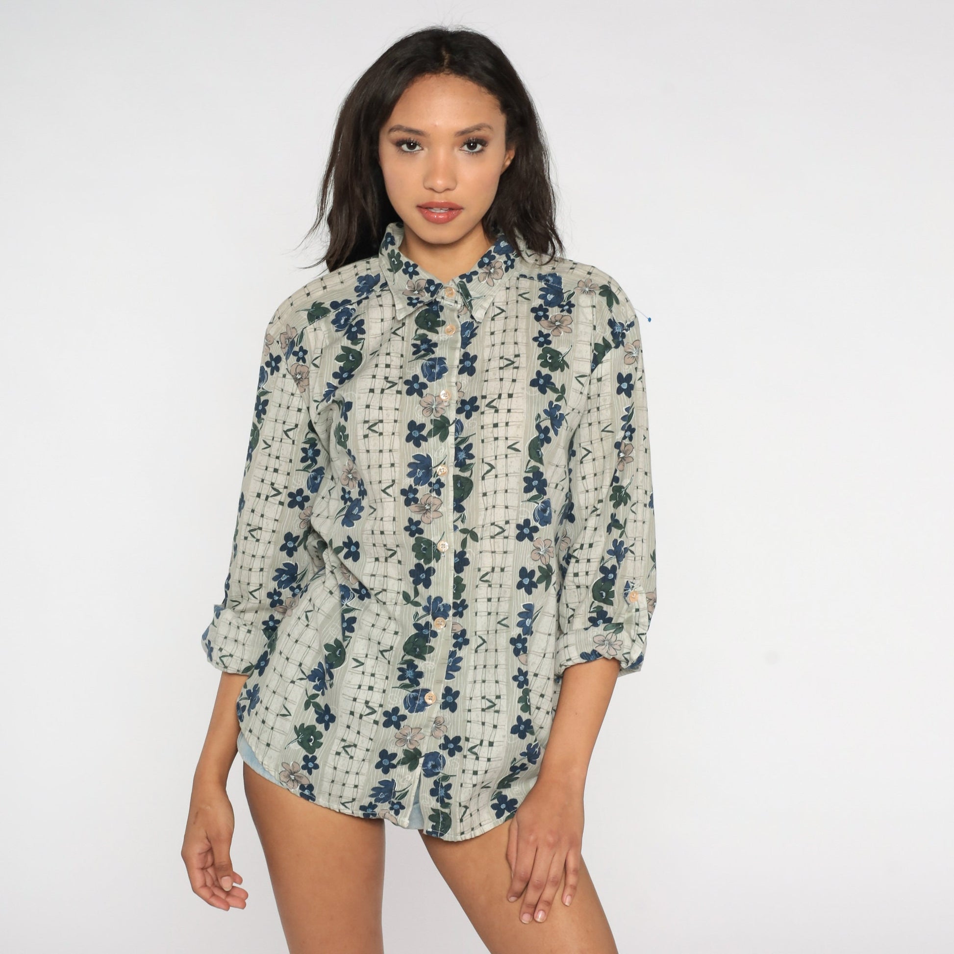 90s Floral Checkered Button-Up Blouse Grey Cuffed Sleeve Large L