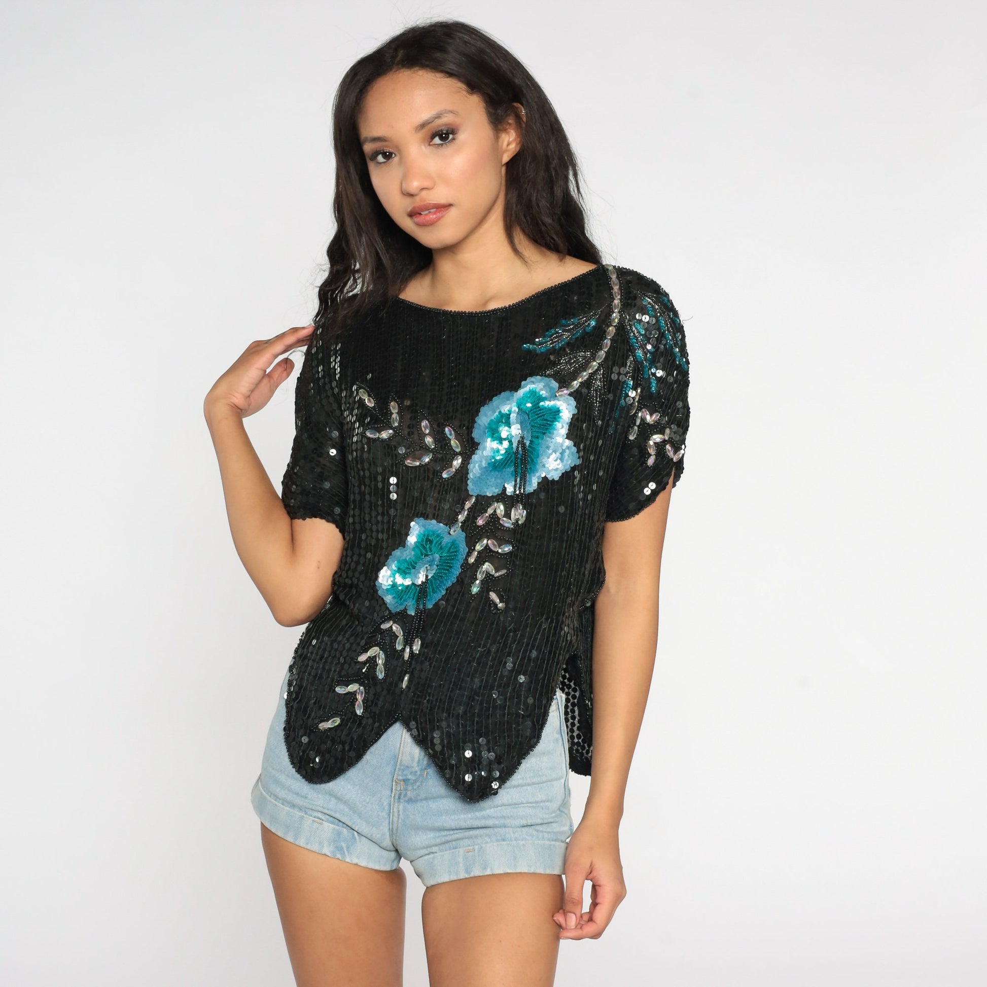 80s Sequin Floral Blouse Black Blue Metallic Short Sleeve Small Medium