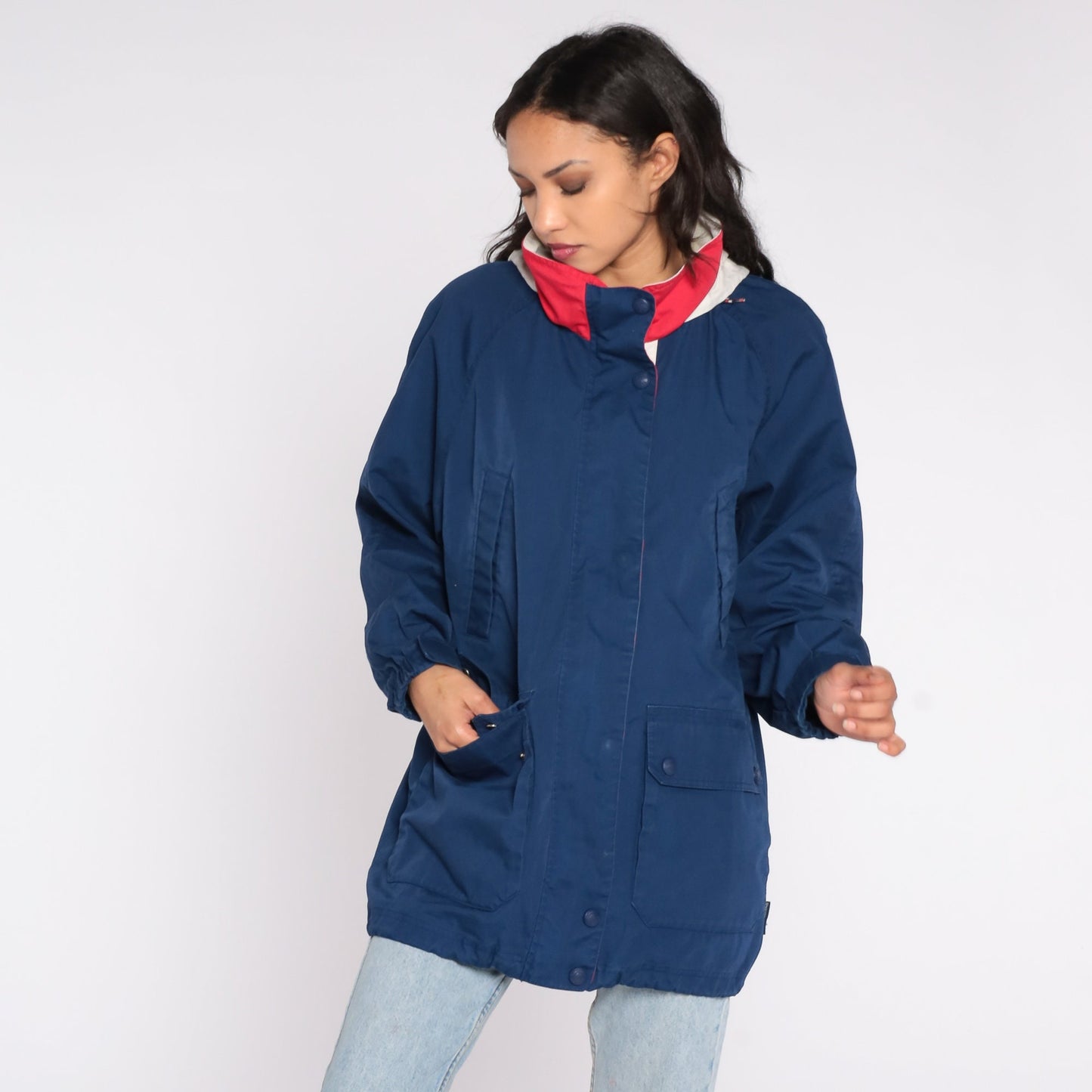 90s Navy Windbreaker Jacket Funnel Neck Raglan Lightweight Large L