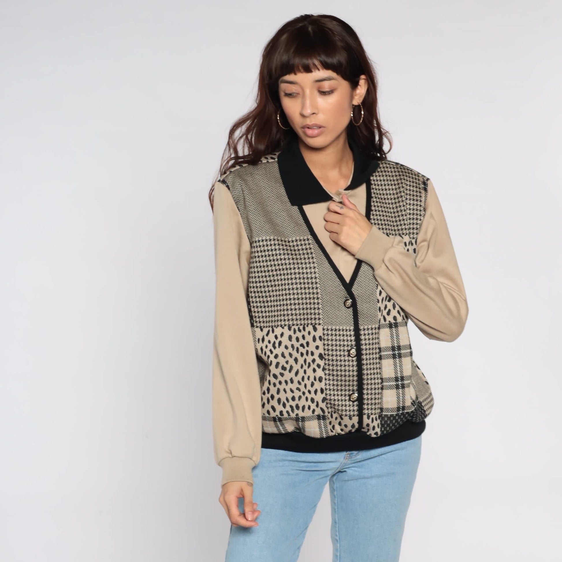 80s Patchwork Sweatshirt with Attached Vest Plaid Houndstooth Leopard Large L