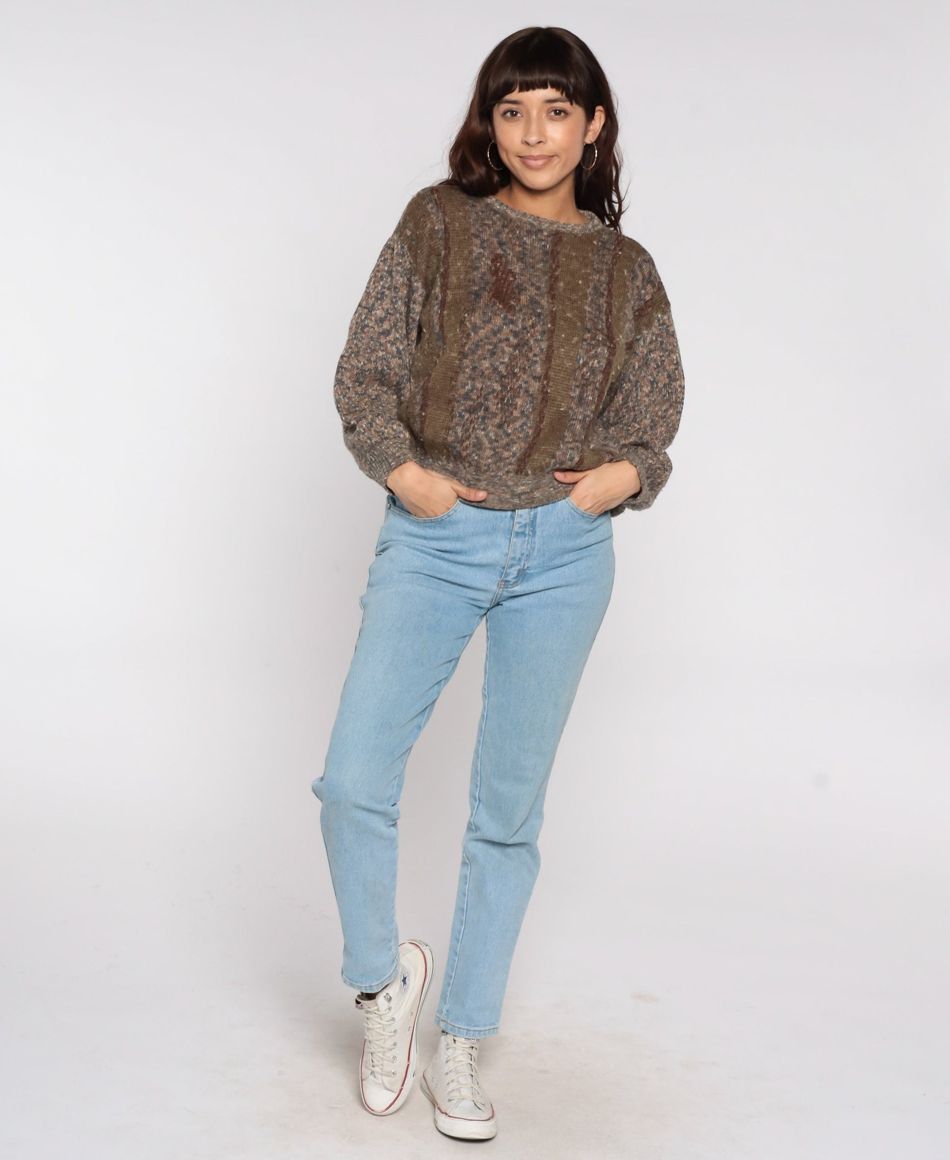 80s Brown Striped Wool Blend Crewneck Sweater Pullover Medium M