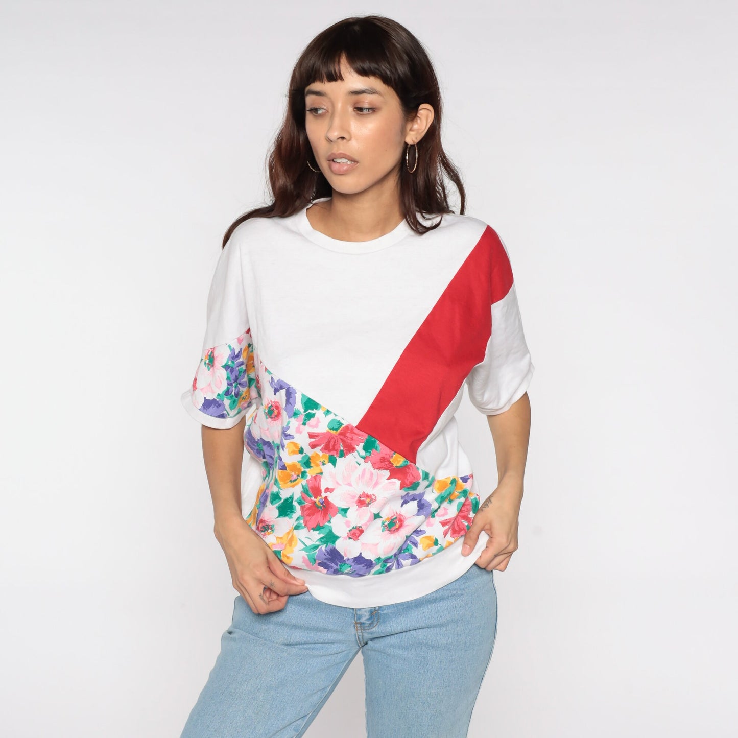 80s Floral Colour Block Top White Red Stripe Short Sleeve Crewneck Medium