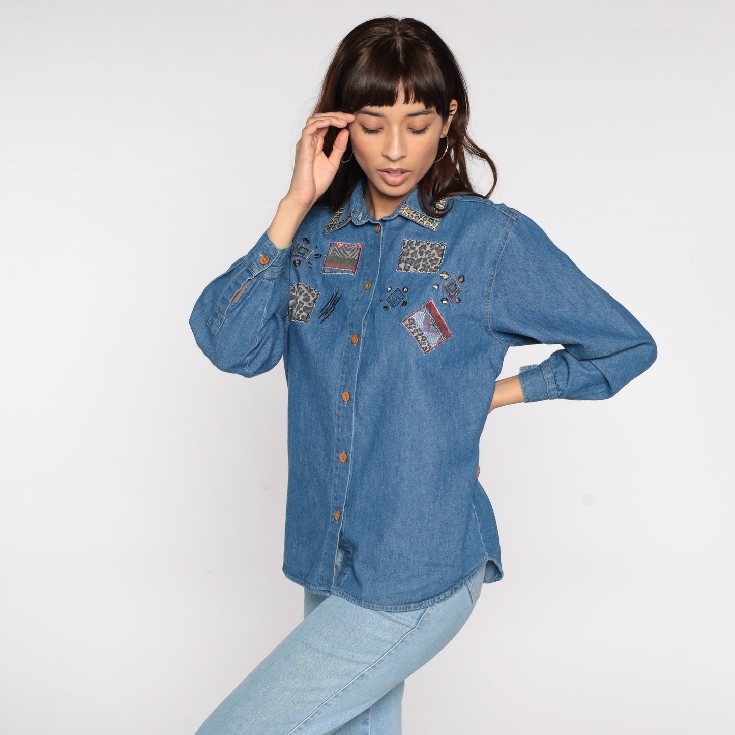 90s Denim Shirt Leopard Patchwork Abstract Blue Button Up Medium