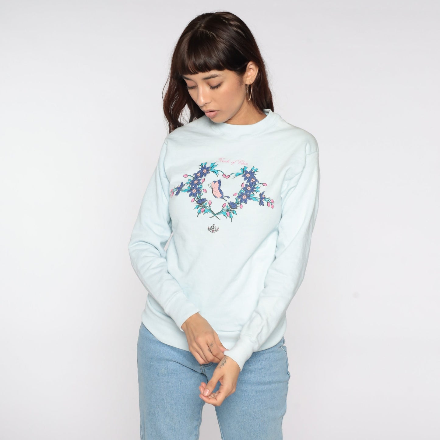 80s Touch Of Class Butterfly Floral Sweatshirt Baby Blue Crewneck Extra Small