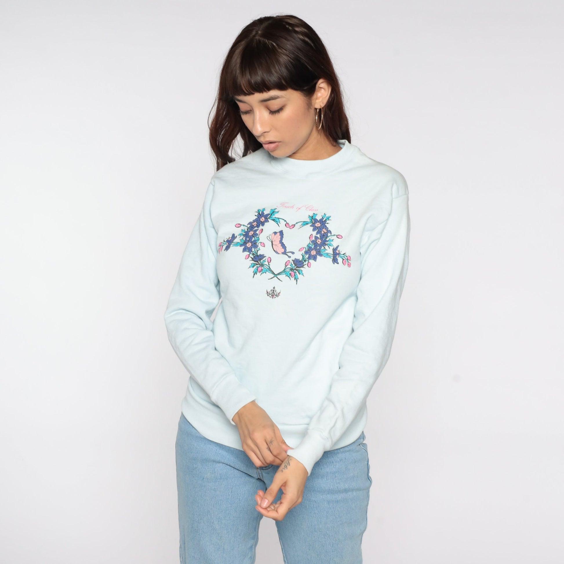 80s Touch Of Class Butterfly Floral Sweatshirt Baby Blue Crewneck Extra Small