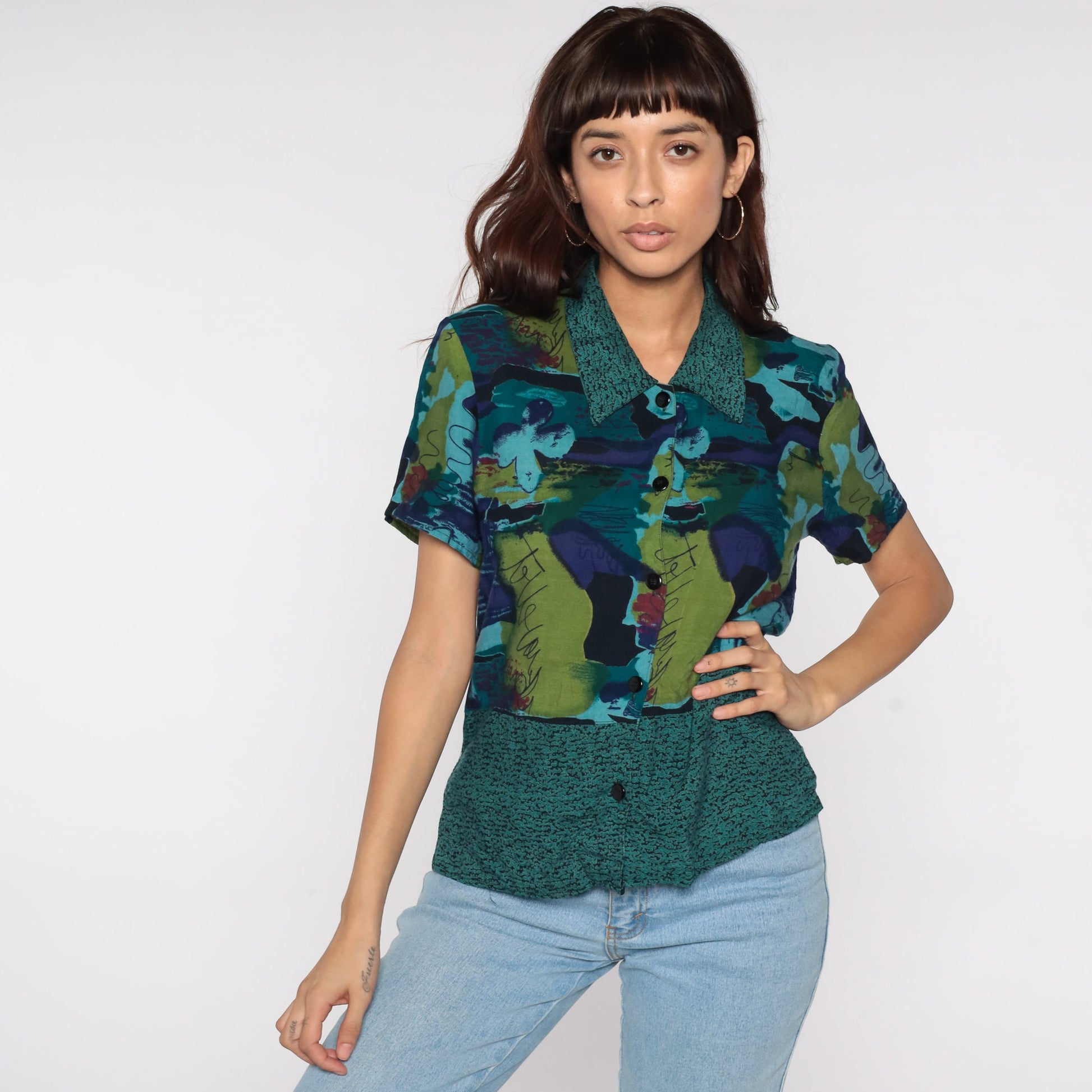 90s Abstract Watercolor Button-Up Blouse Dark Blue Green Short Sleeve Medium