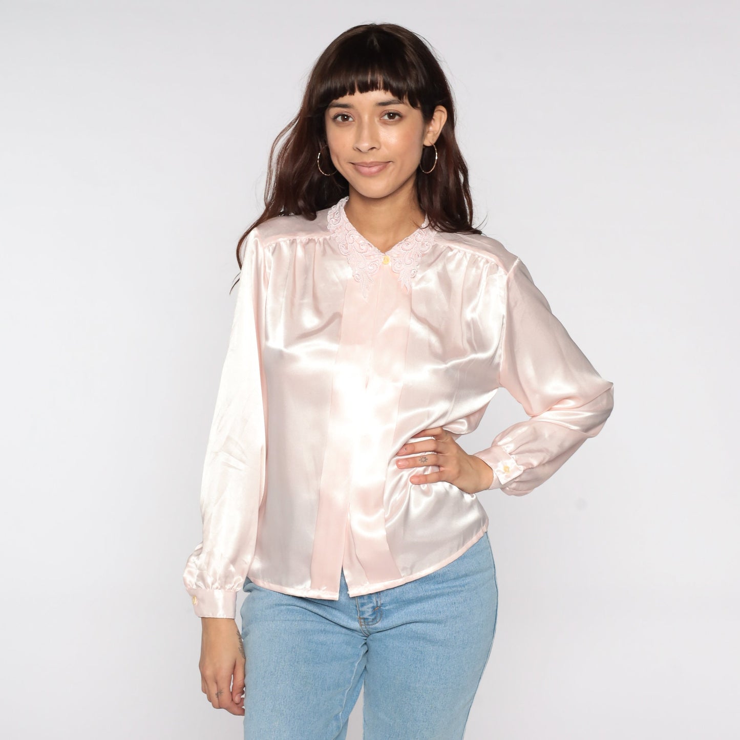 80s Baby Pink Satin Blouse Lace Collar Button Up Long Sleeve Medium