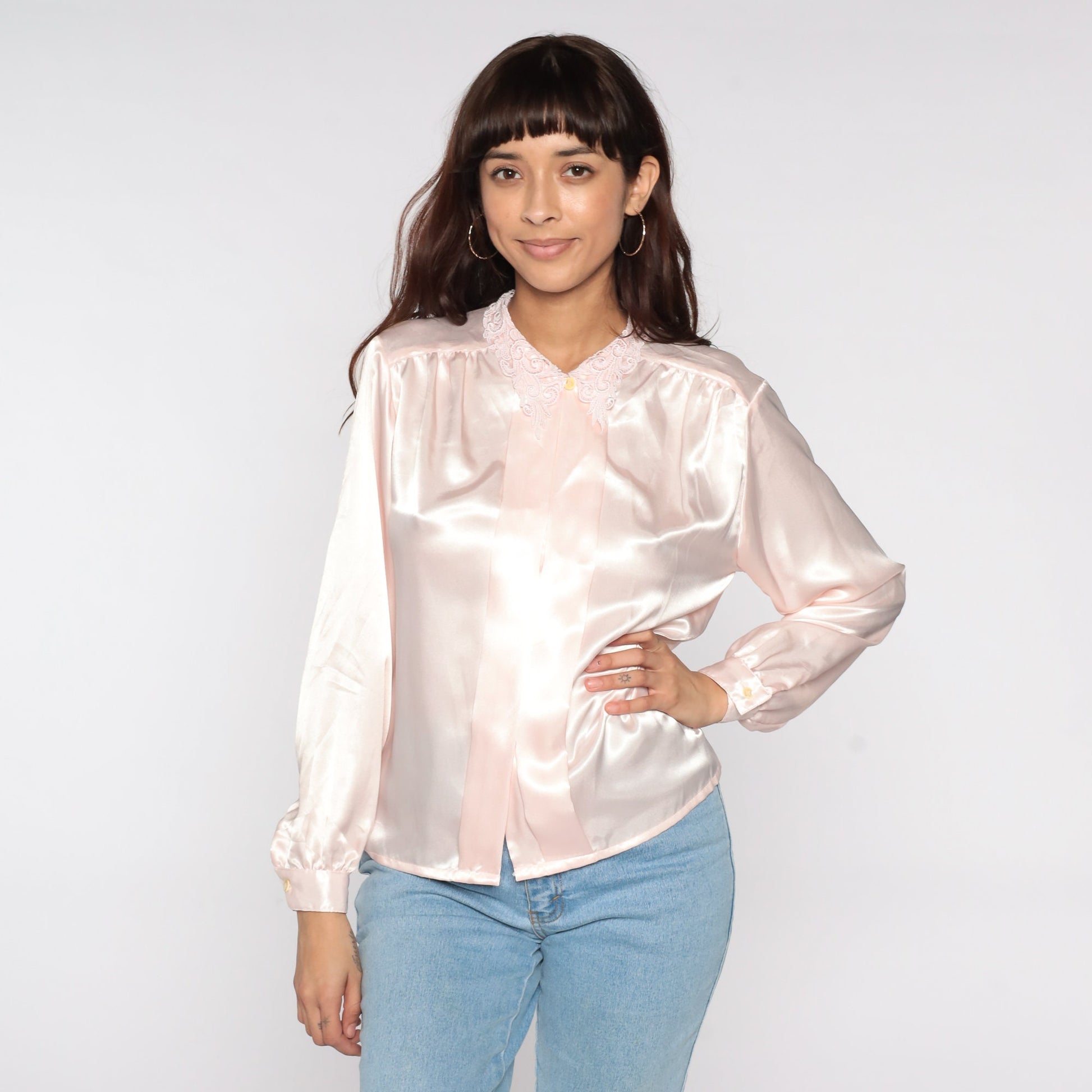 80s Baby Pink Satin Blouse Lace Collar Button Up Long Sleeve Medium